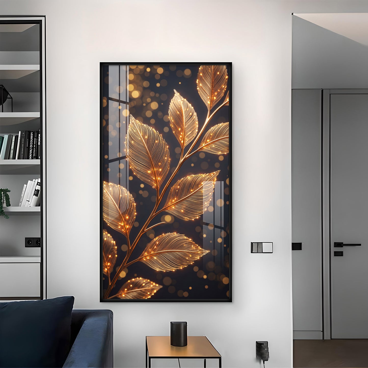 Sparkle Gold Foliage Leaves Glass Finish Vertical Wall Art