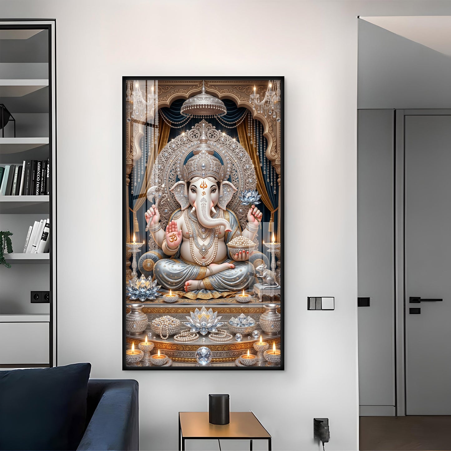 Depicts Lord Ganesha Glass Finish Vertical Wall Art