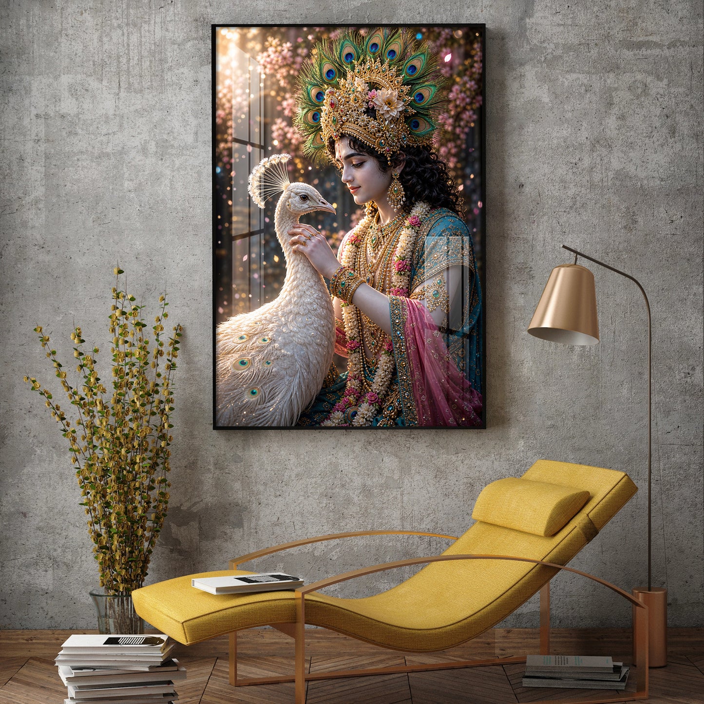 Shree Krishna With Peacock Glass Finish Vertical Wall Art
