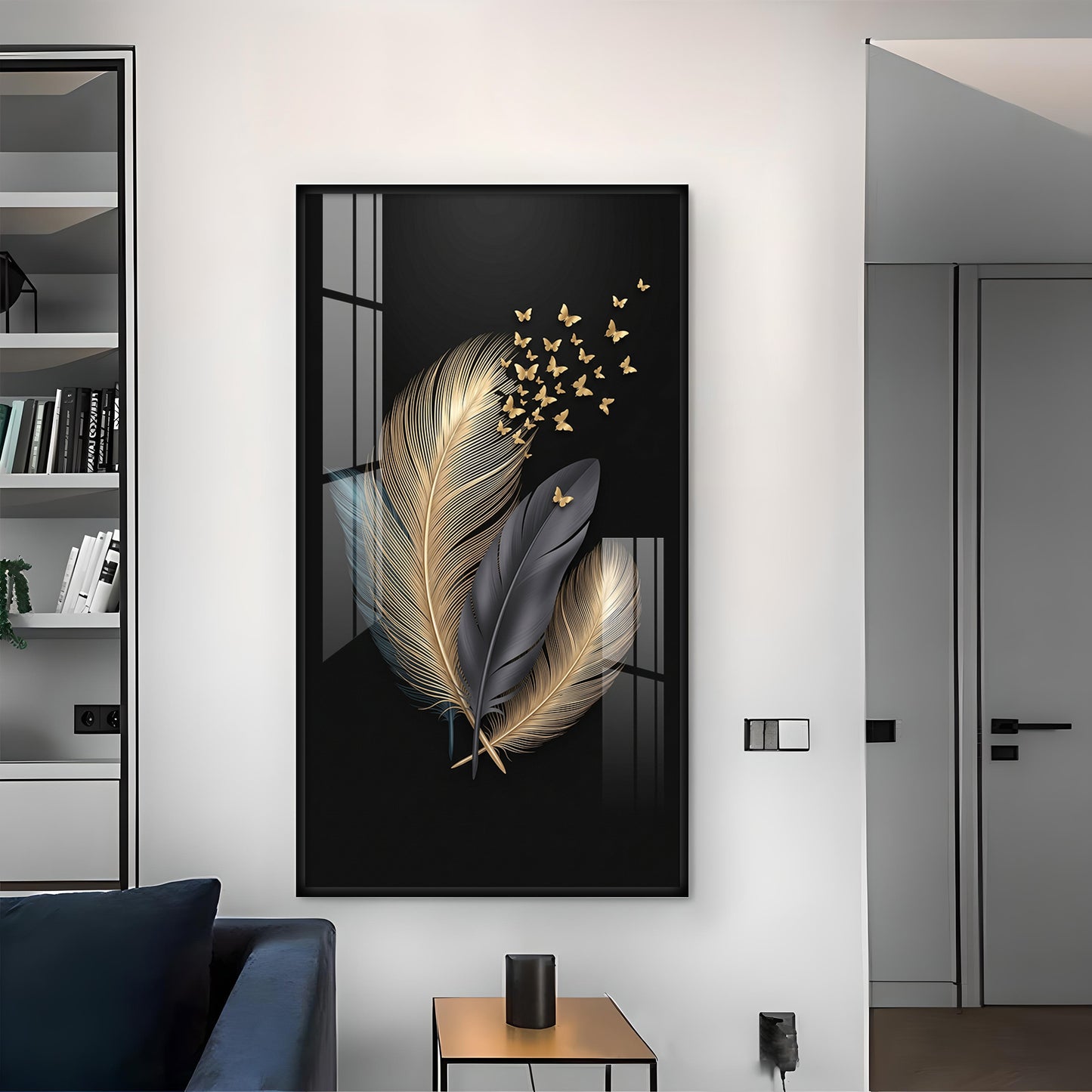 Black & Gold Feathers With Delicate Butterflies Glass Finish Vertical Wall Art
