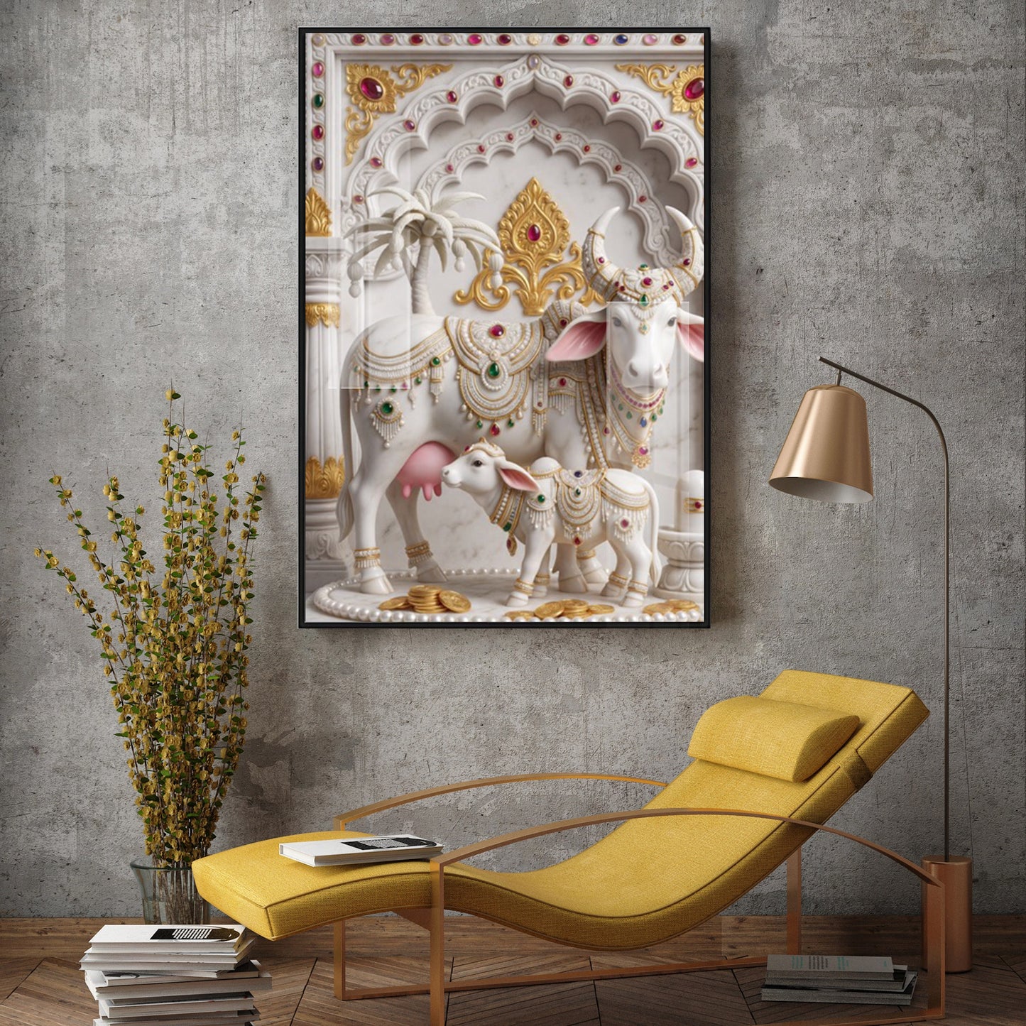 Kamdhenu Cow Calf Glass Finish Vertical Wall Art