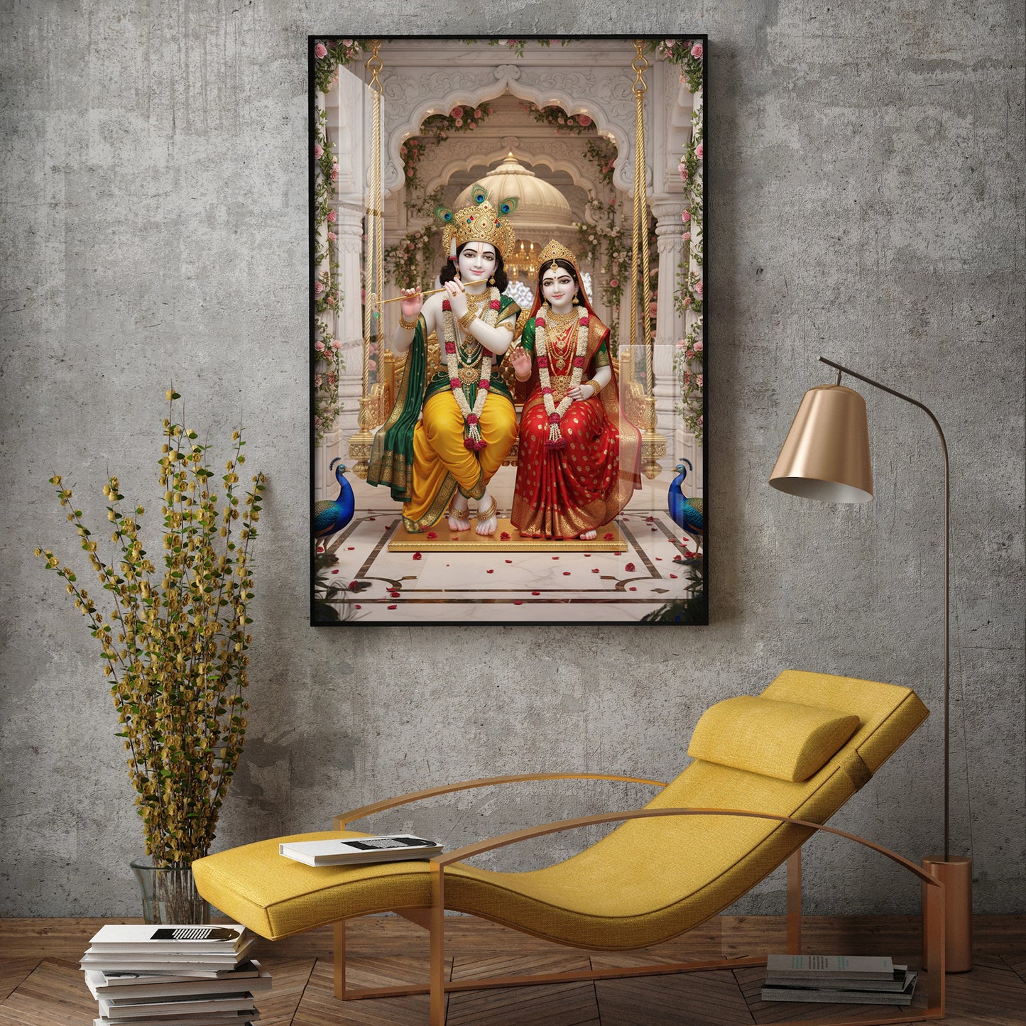 Hindu Deities Radha & Krishna Sitting Together Glass Finish Vertical Wall Art