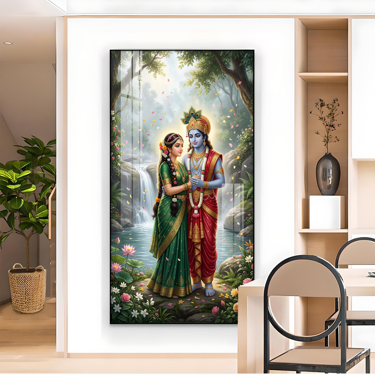 Radha Krishna Divine Aura Glass Finish Vertical Wall Art