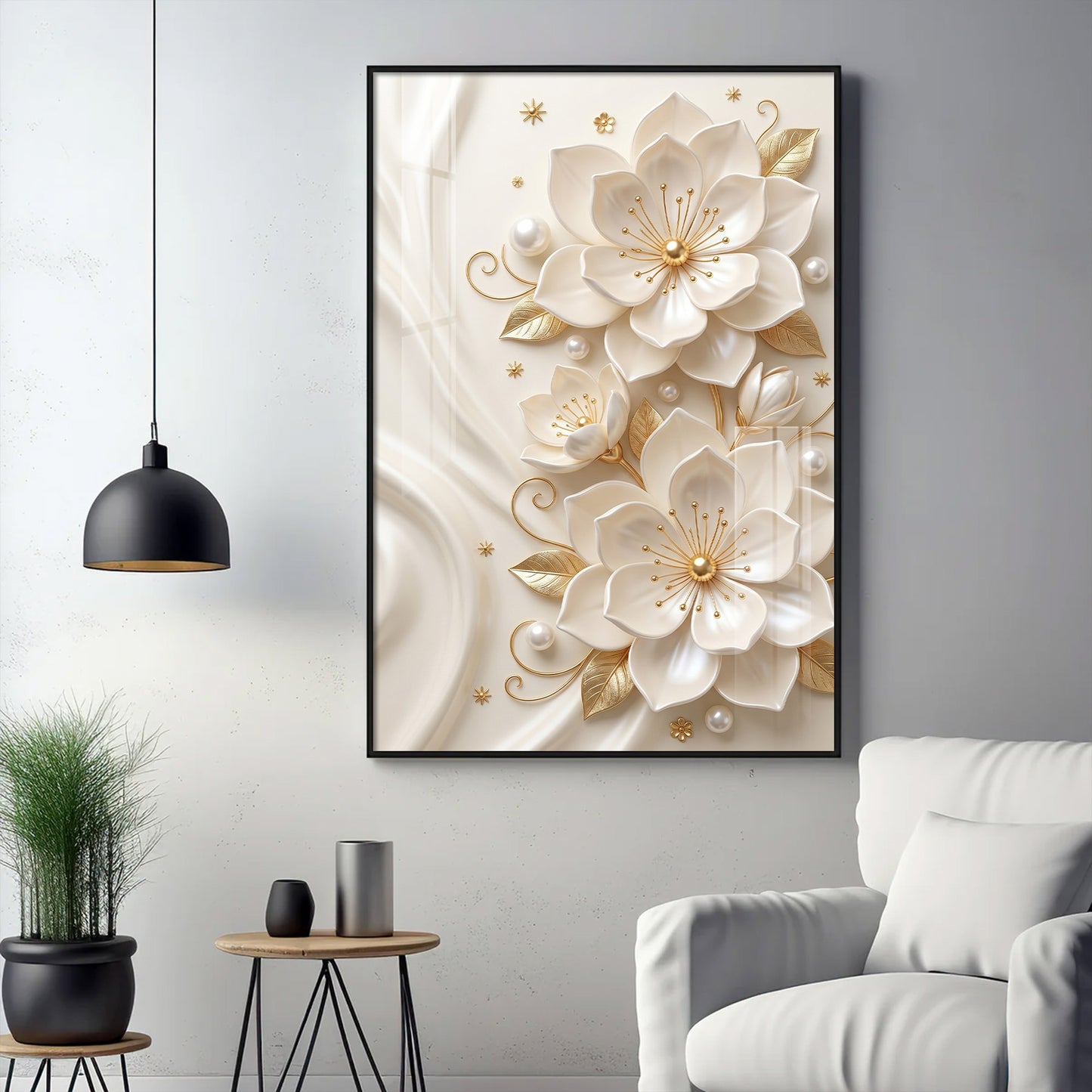 White Flowers With Golden Elements Glass Finish Vertical Wall Art