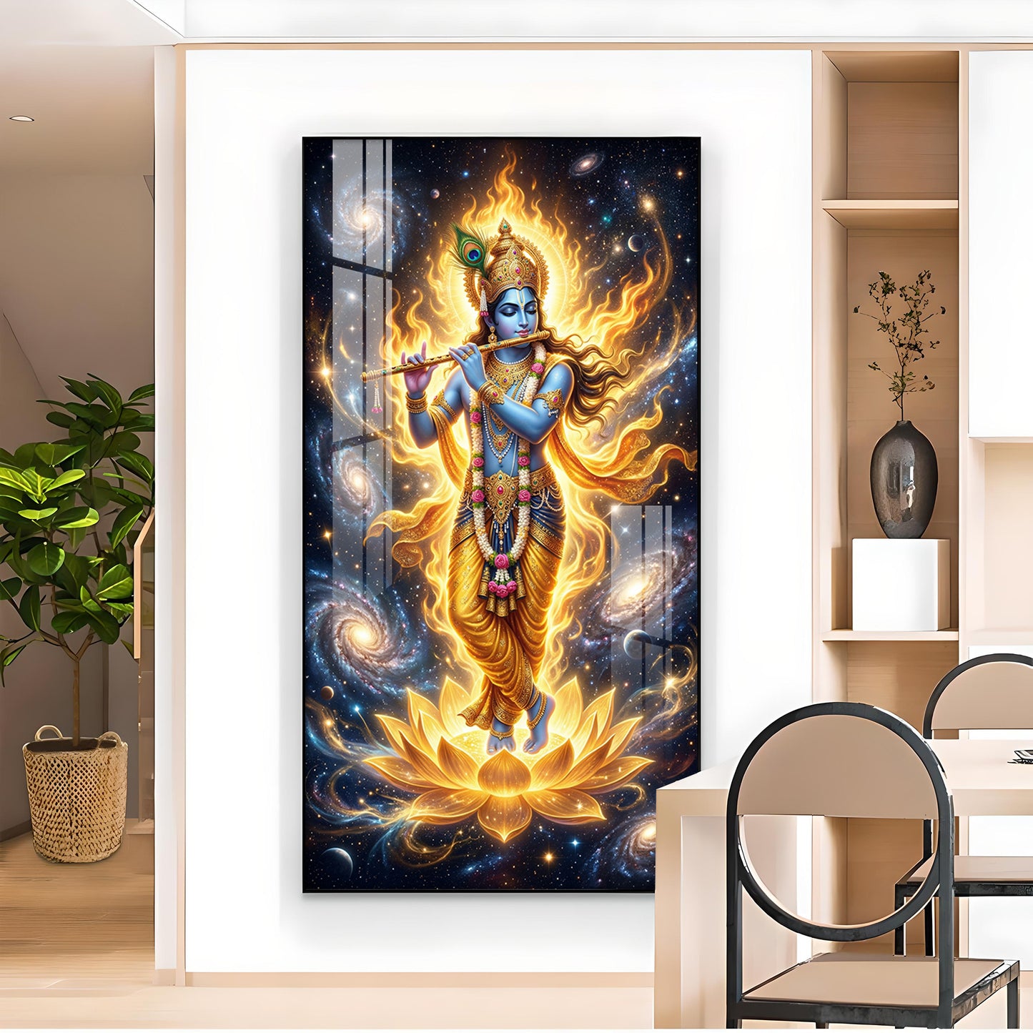 Lord Krishna Playing Bansuri Glass Finish Vertical Wall Art