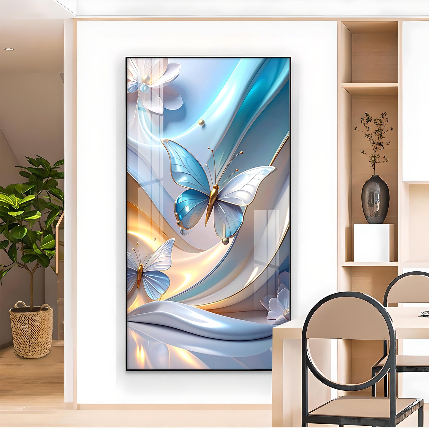 Enchanted Blue Flutter Glass Finish Vertical Wall Art