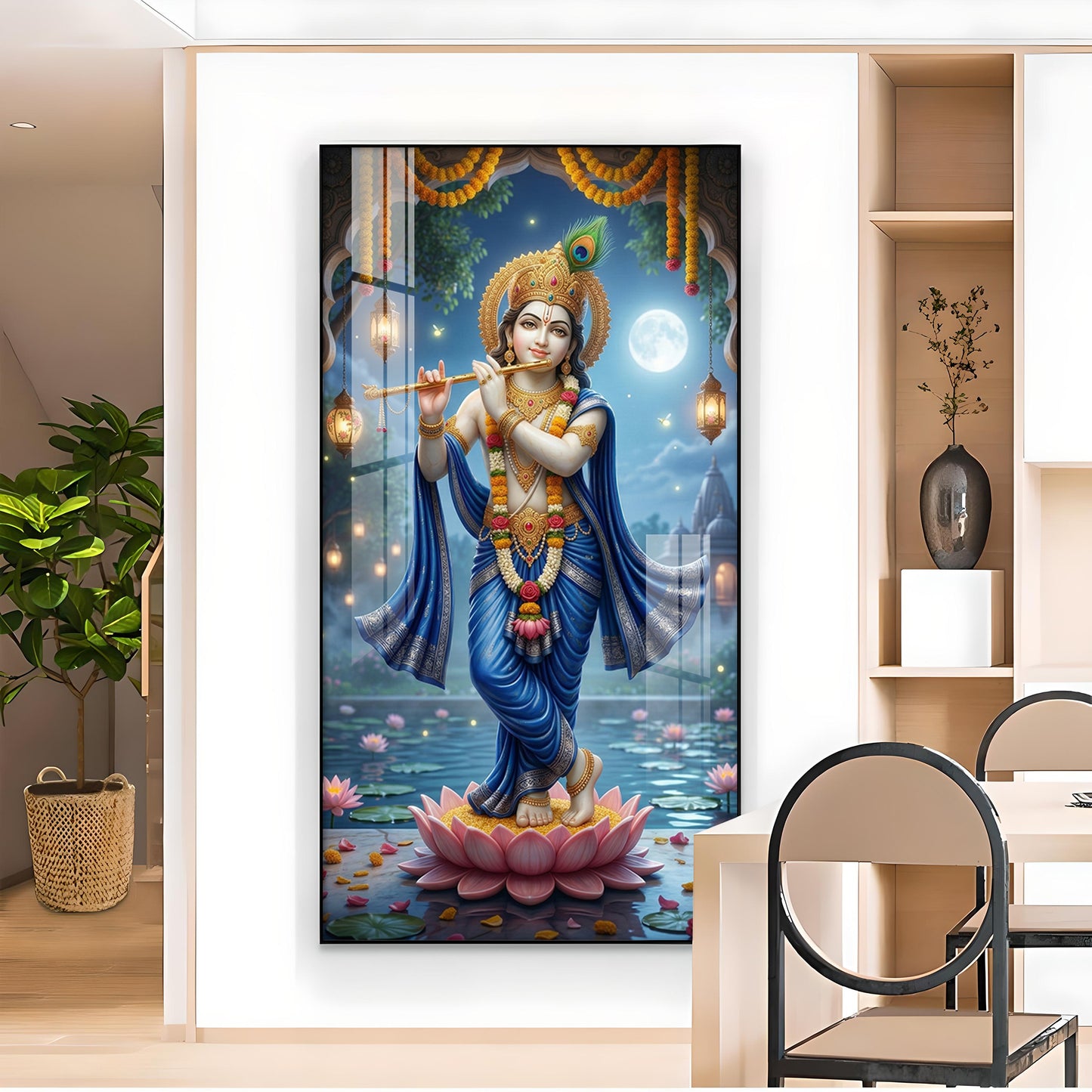 Lord Krishna With Flute Glass Finish Vertical Wall Art