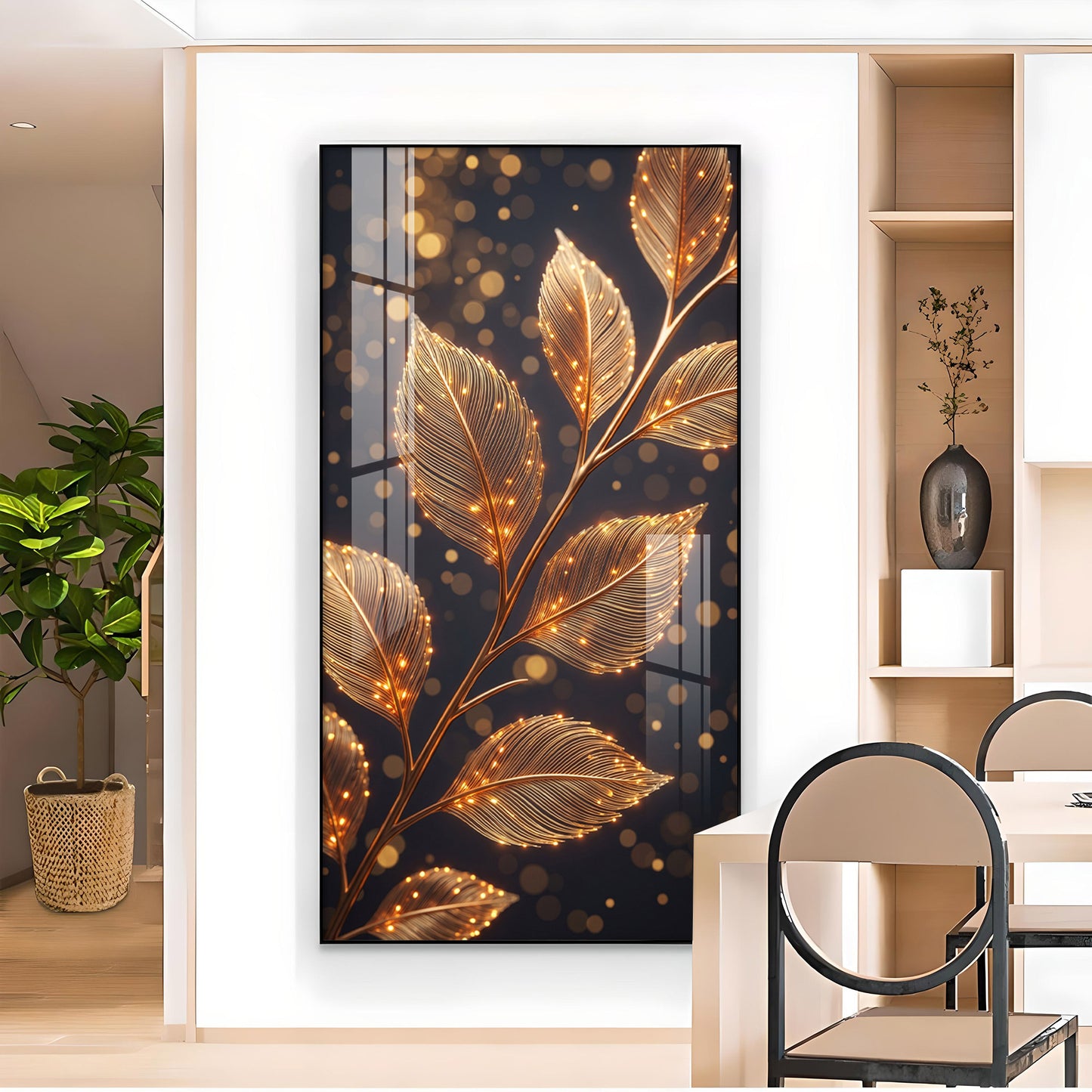 Sparkle Gold Foliage Leaves Glass Finish Vertical Wall Art