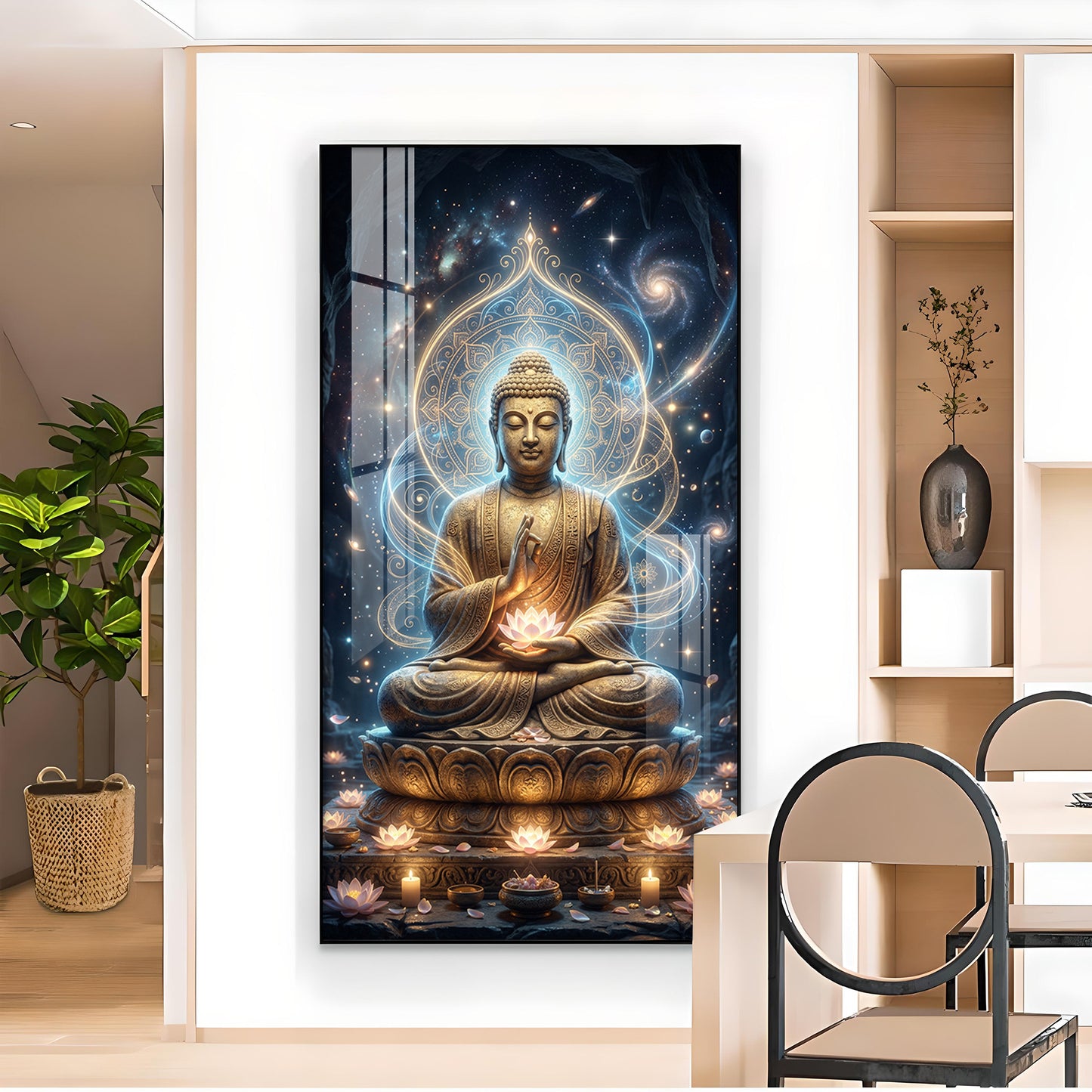 Meditating Buddha Glass Finish Vertical Wall Art