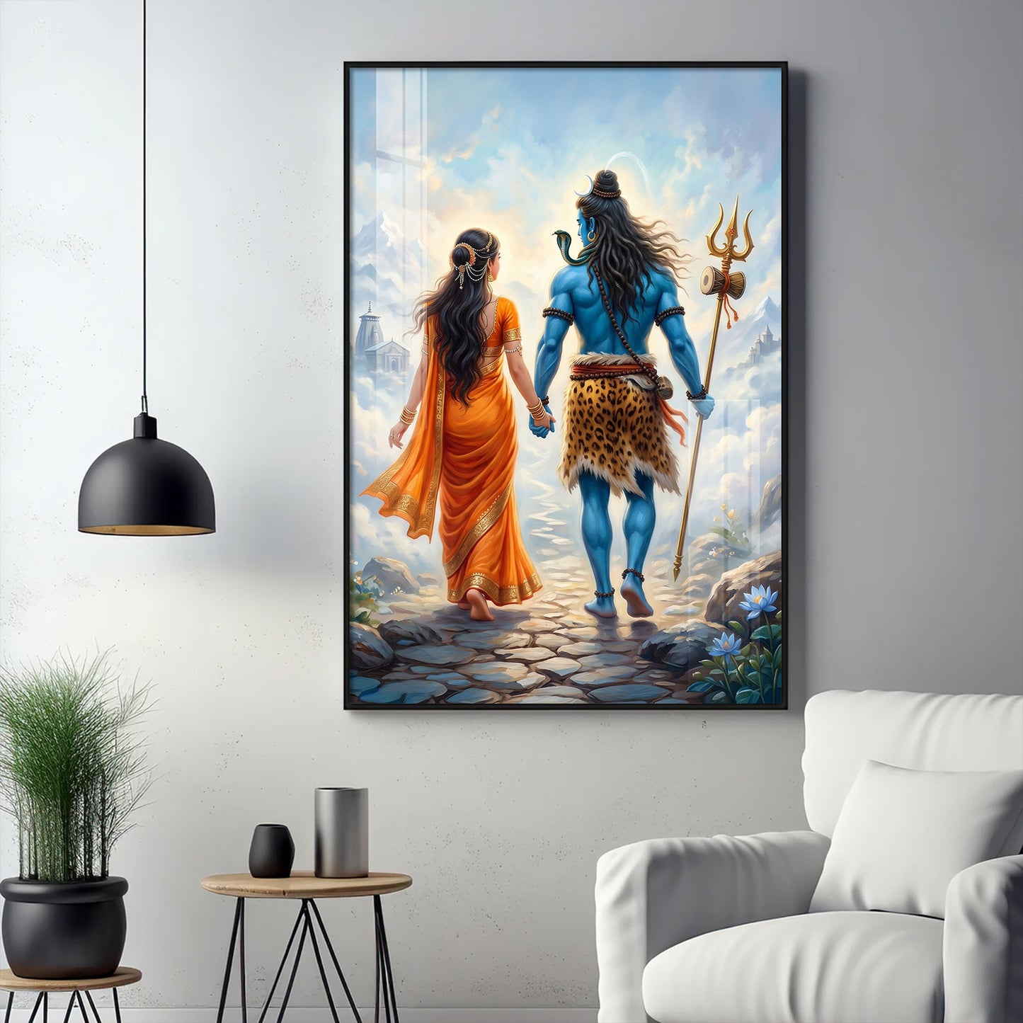 Divine Shiv Ji & Parvati Glass Finish Vertical Wall Art