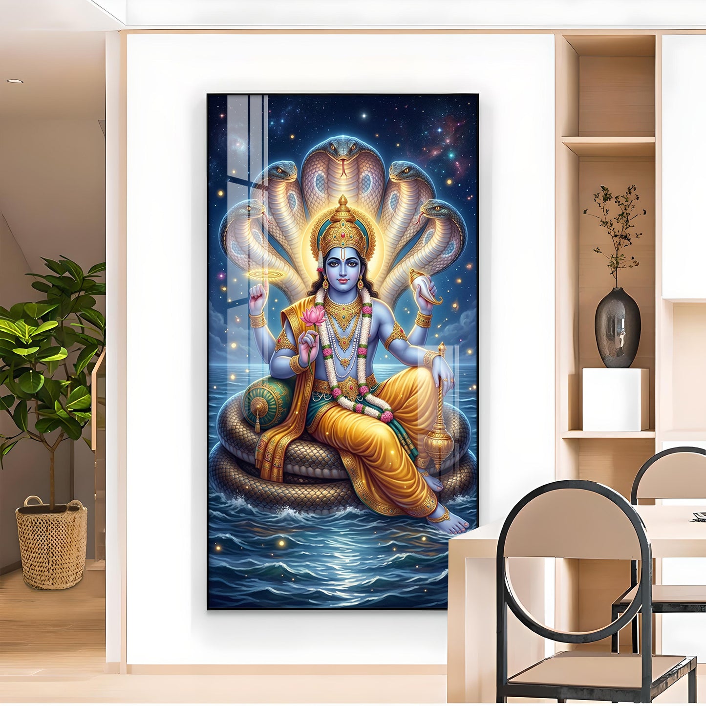 Lord Vishnu On Sheshnag Glass Finish Vertical Wall Art