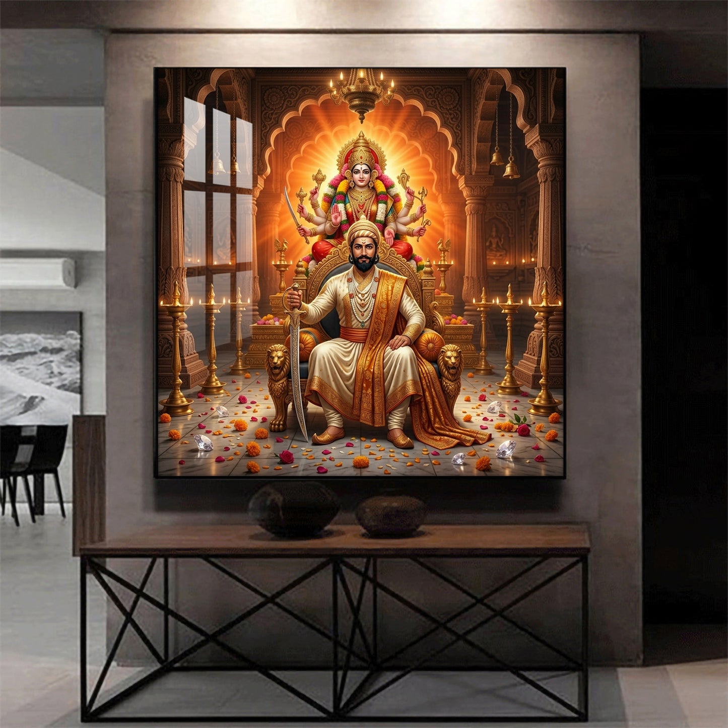 Shivaji Maharaj With Maa Durga Glass Finish Square Wall Art