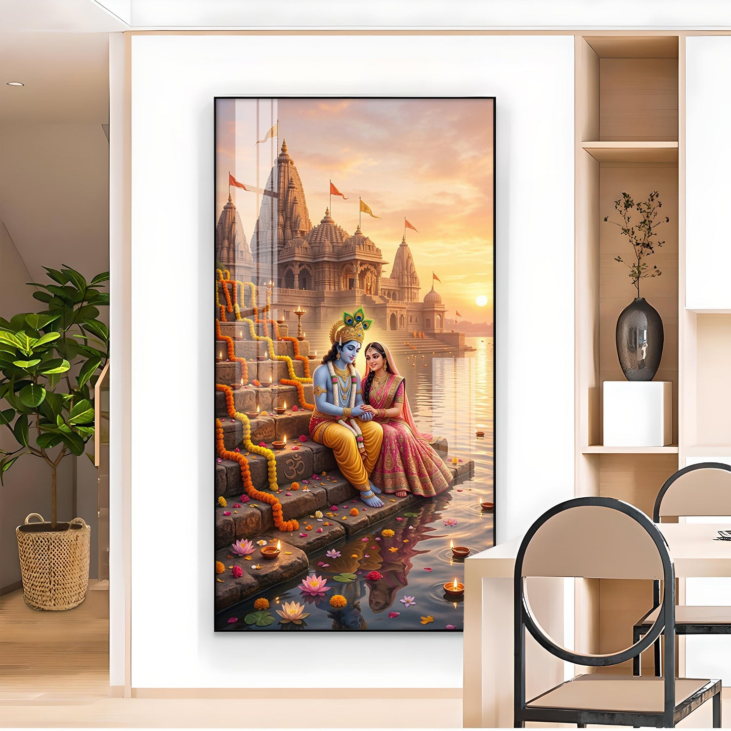 Radha Krishna On Ghat Glass Finish Vertical Wall Art