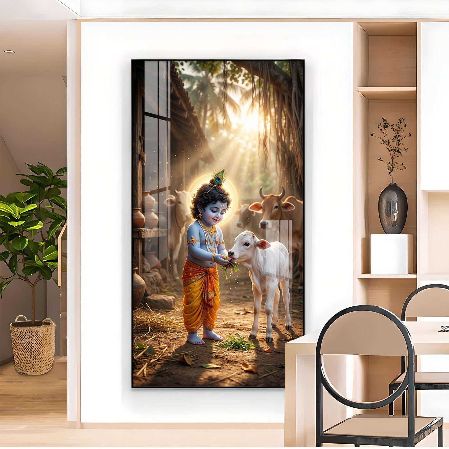 LIttle Krishna With Calf Glass Finish Vertical Wall Art