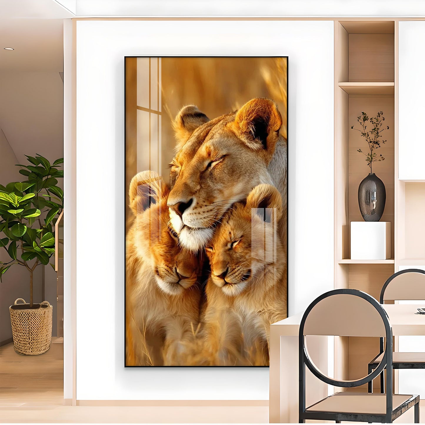 Lioness Cub Cuddling Glass Finish Vertical Wall Art