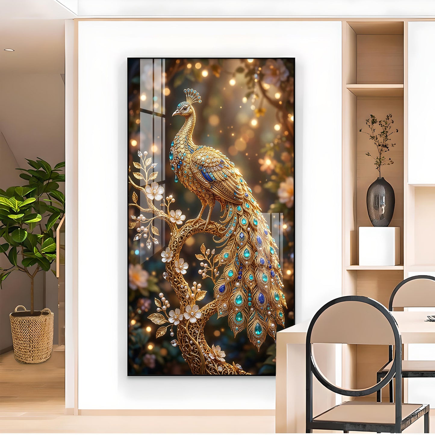 Elegant Peacock Fantasy Glass Finish Vertical Wall Art