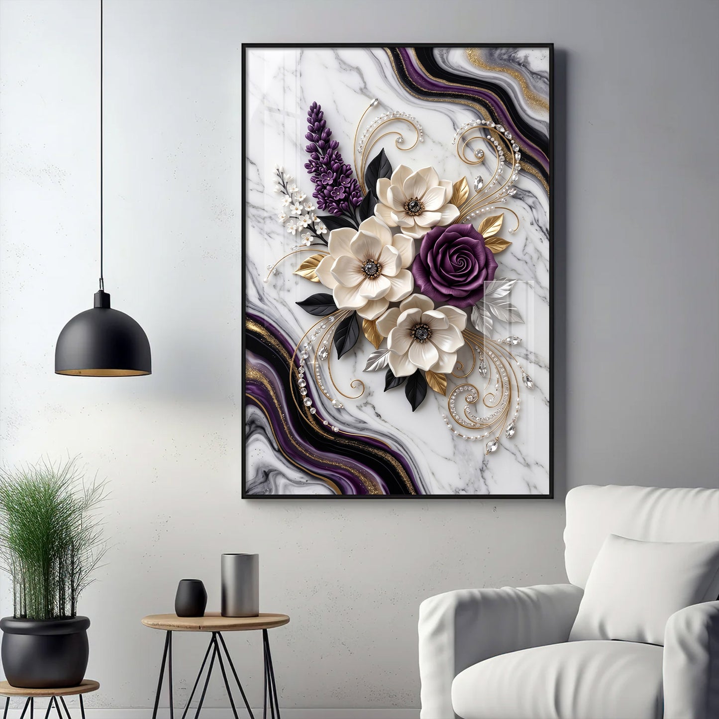 Beautiful Purple & White Flowers Glass Finish Vertical Wall Art