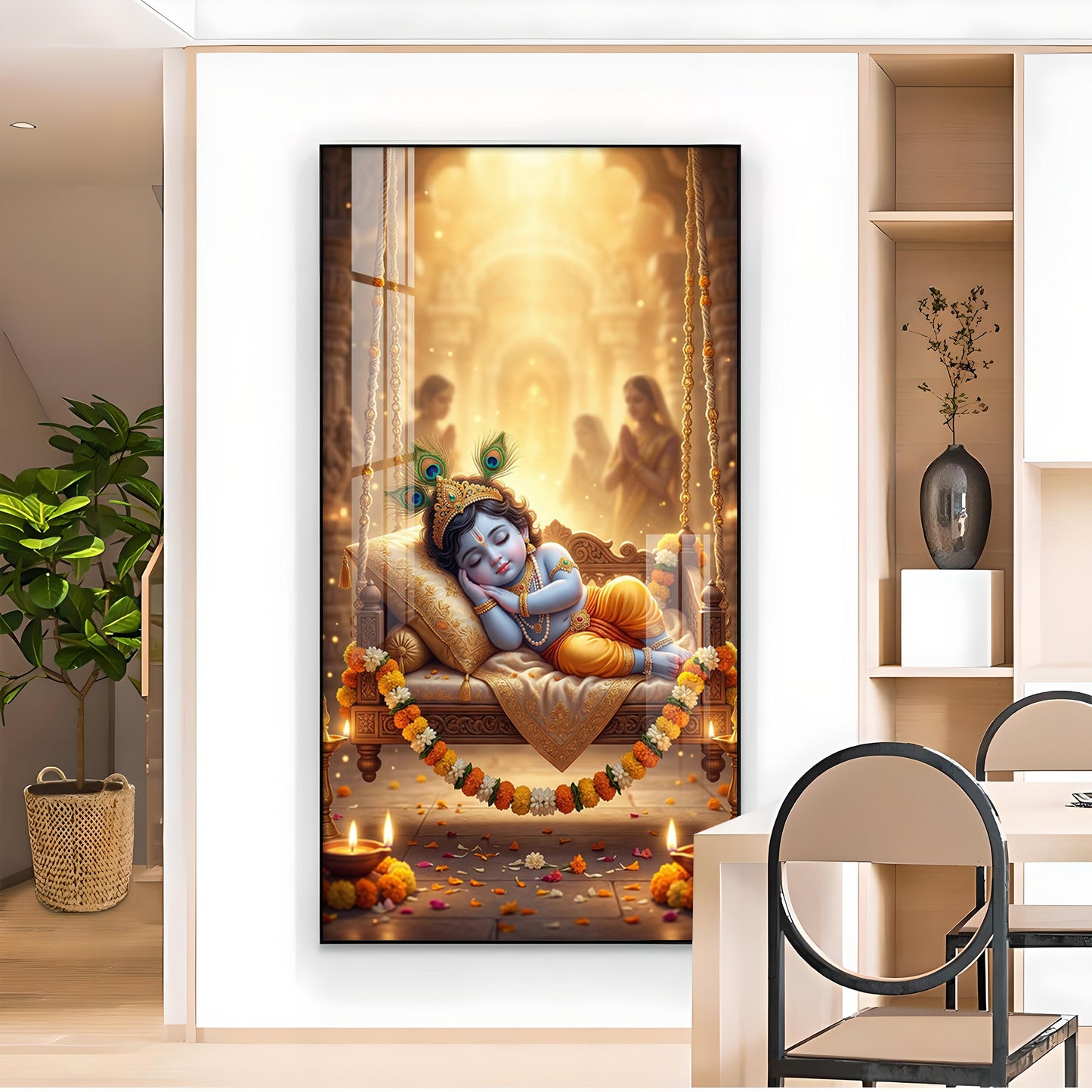 Sleeping Little Krishna Glass Finish Vertical Wall Art