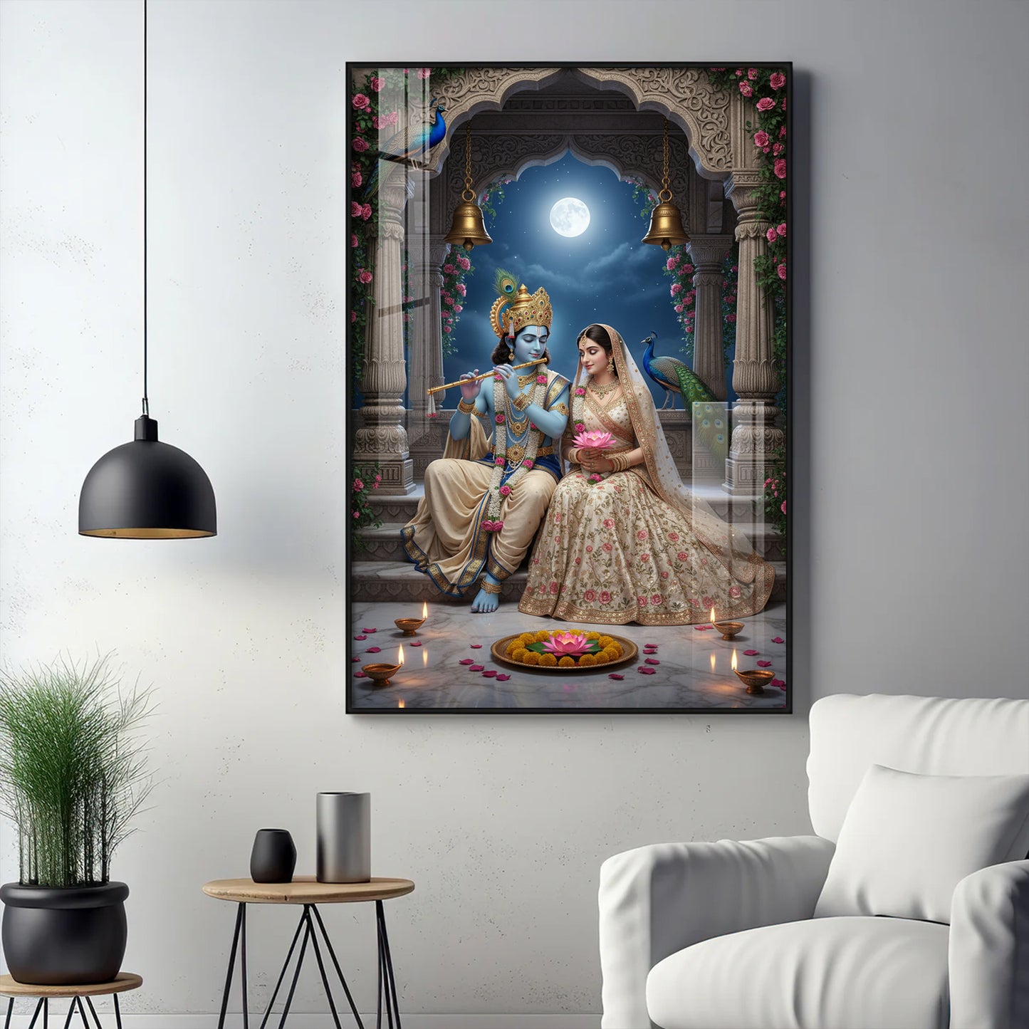Hindu Deities Radha & Krishna Glass Finish Vertical Wall Art