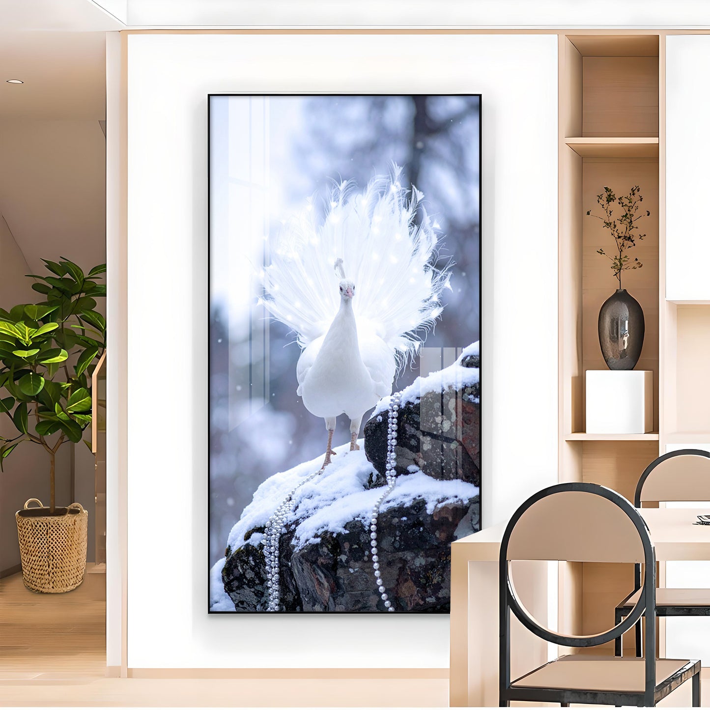 White Peacock Glass Finish Vertical Wall Art