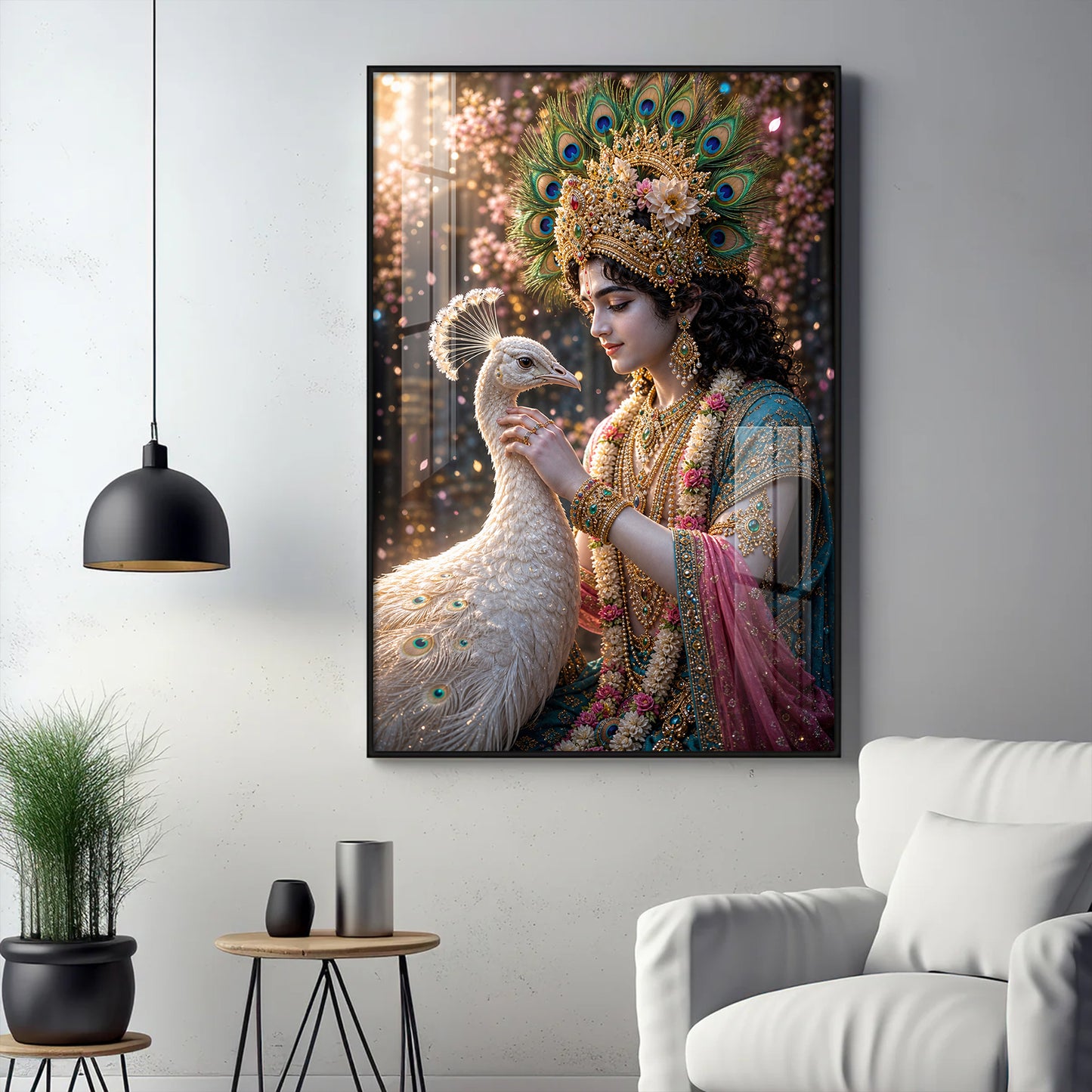 Shree Krishna With Peacock Glass Finish Vertical Wall Art