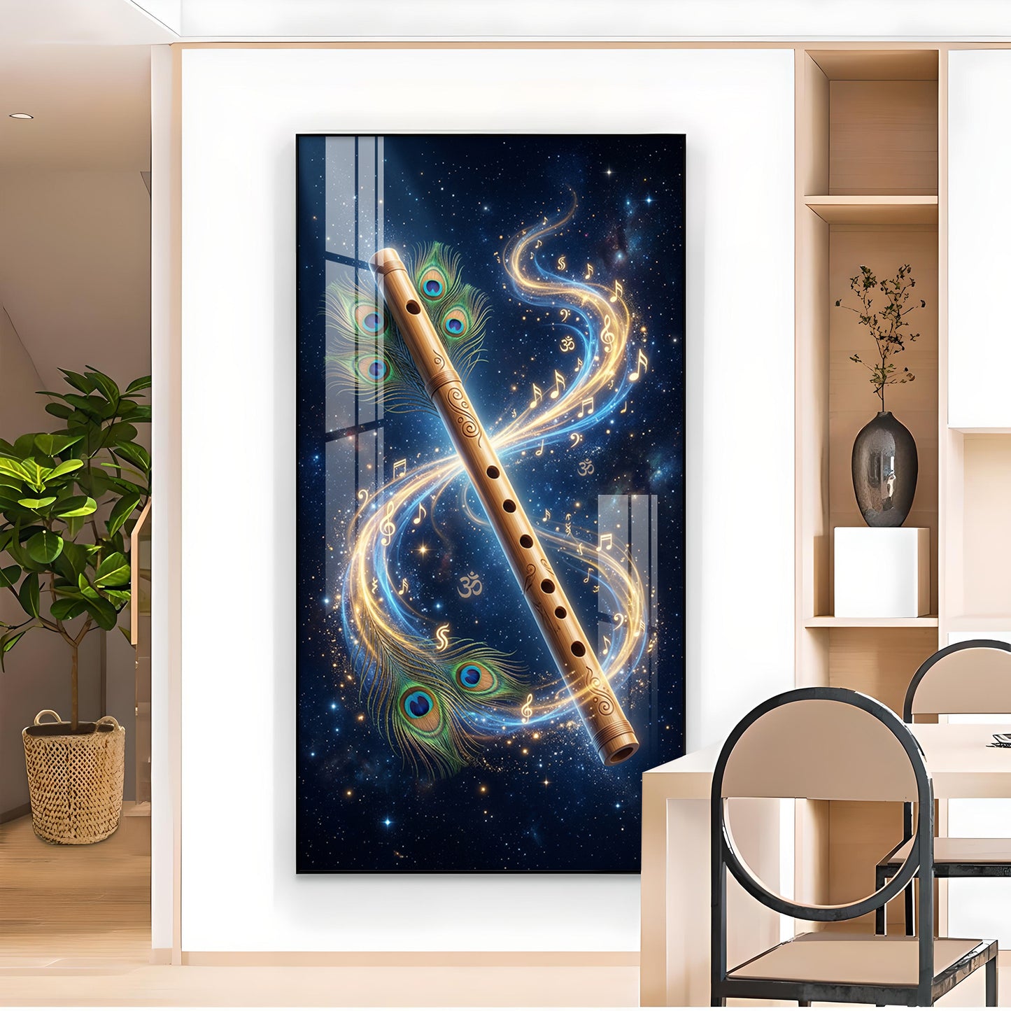 Flute With Peacock Feathers Glass Finish Vertical Wall Art