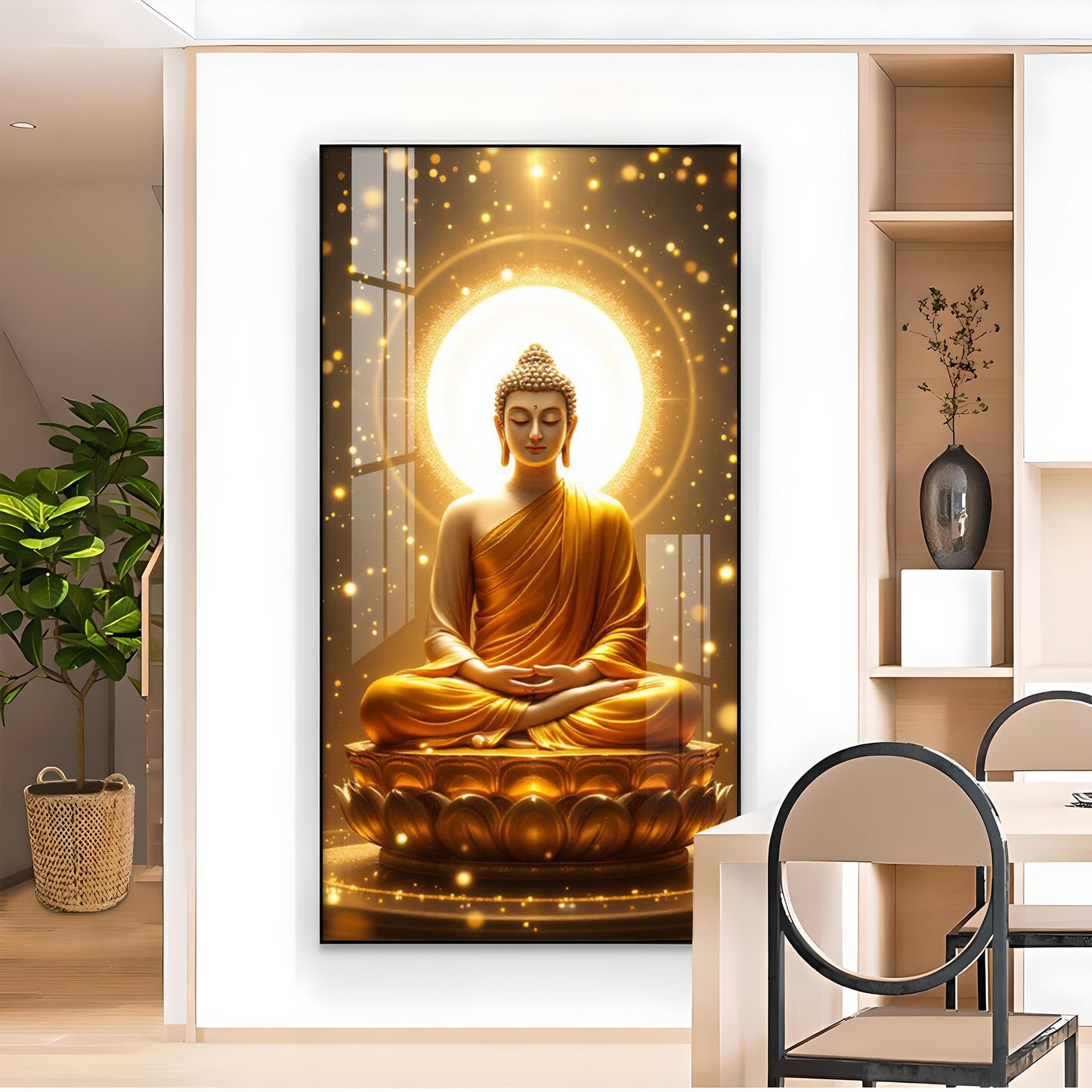 Meditating Gautam Buddha Glass Finish Vertical Wall Art