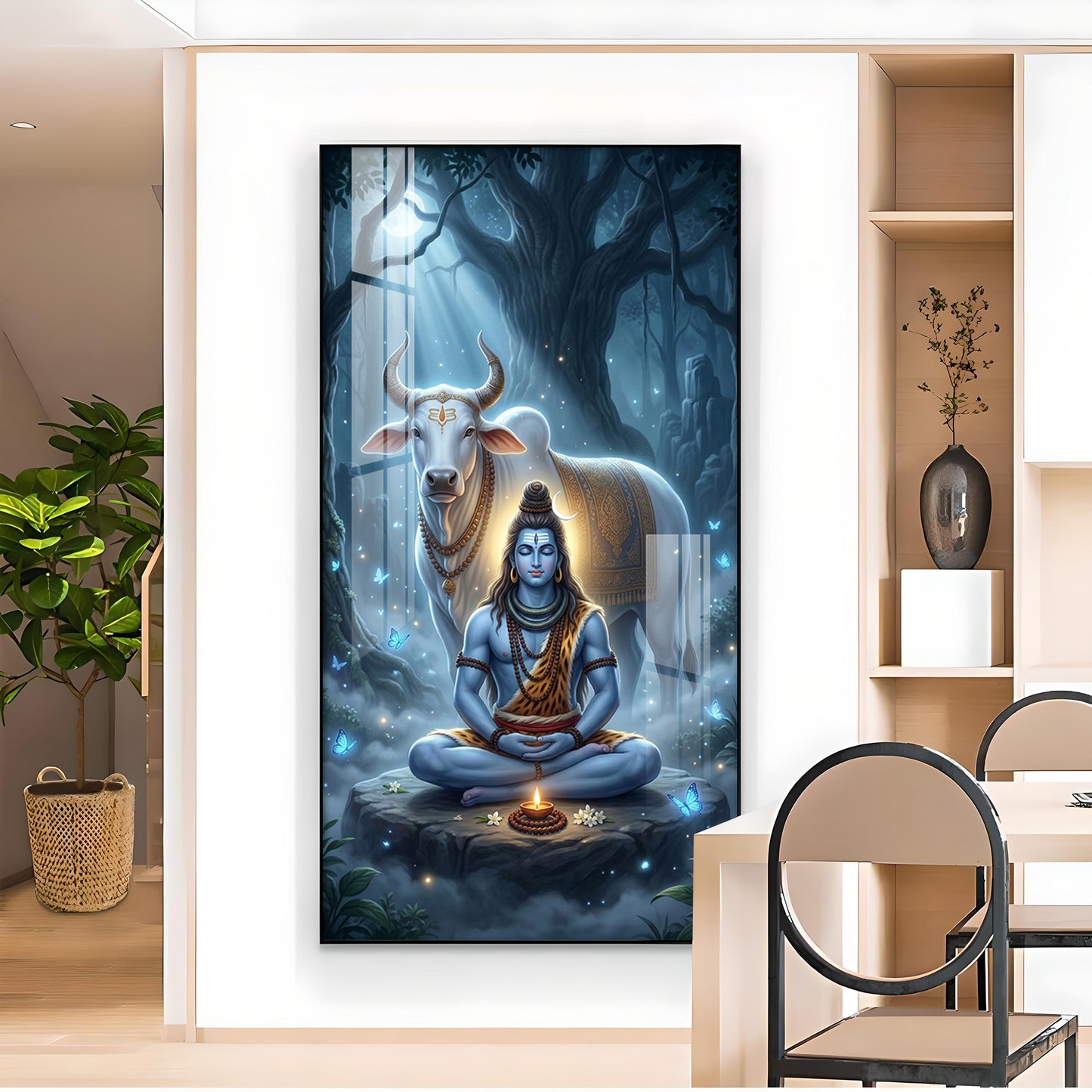 Meditating Lord Shiv With Nandi Glass Finish Vertical Wall Art