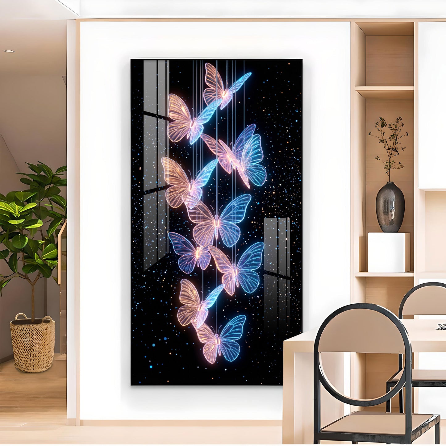 Blue & Pink Glowing Butterflies Glass Finish Vertical Wall Art