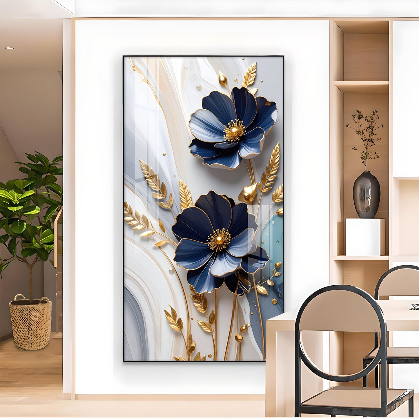 Blue Petal Luxe Flower Glass Finish Vertical Wall Art