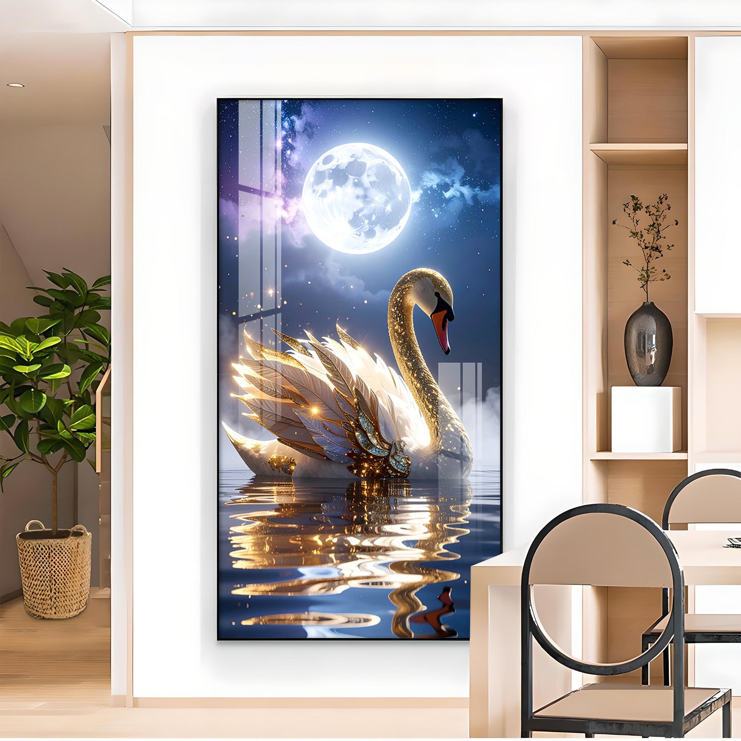 Majestic swan with feathers Glass Finish Vertical Wall Art