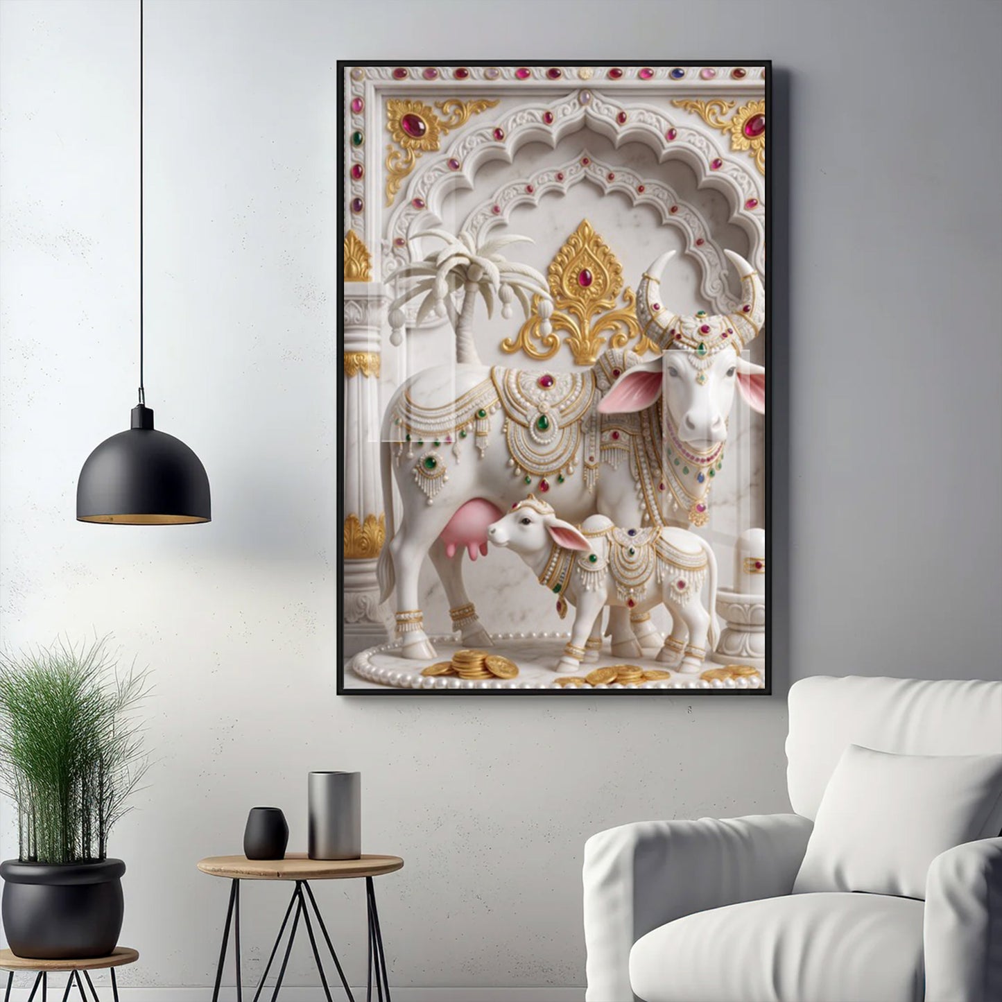 Kamdhenu Cow Calf Glass Finish Vertical Wall Art