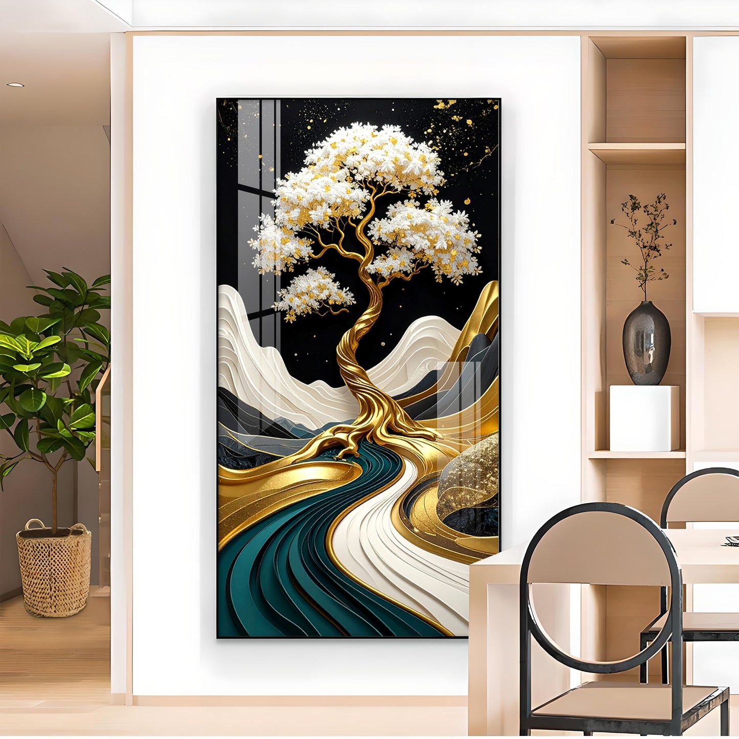 Golden Serenity Tree Glass Finish Vertical Wall Art