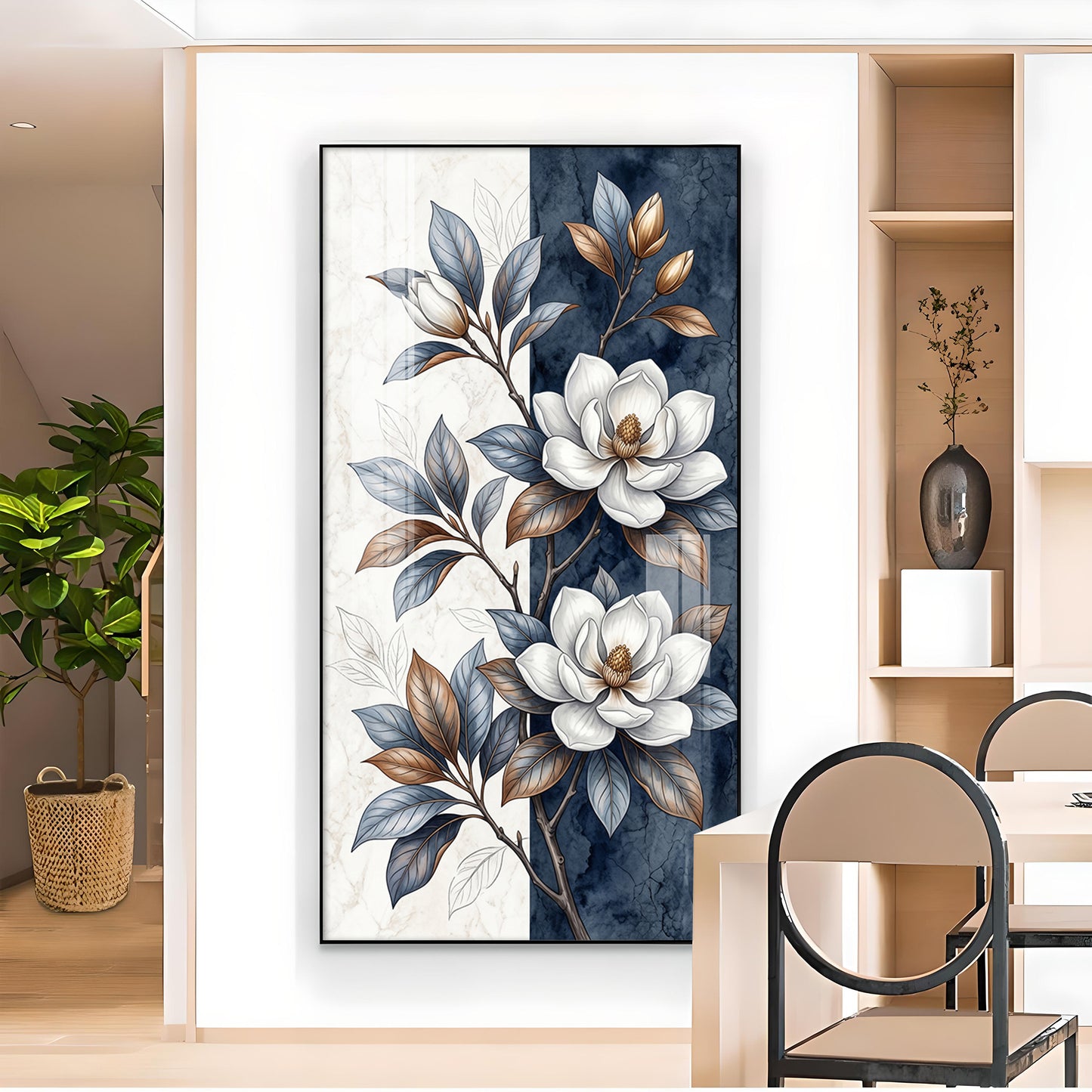 White & Blue Magnolias Flowers Glass Finish Vertical Wall Art
