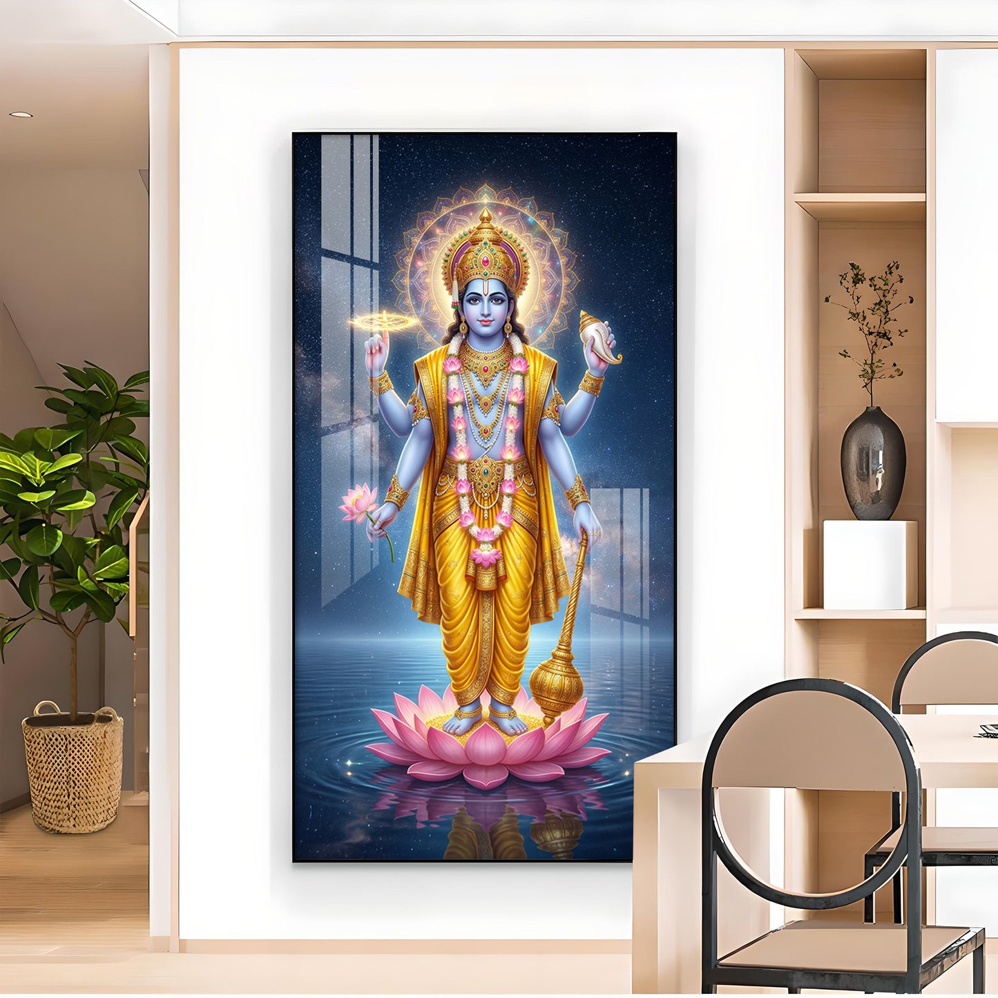 Divine Lord Vishnu Ji On Lotus Glass Finish Vertical Wall Art