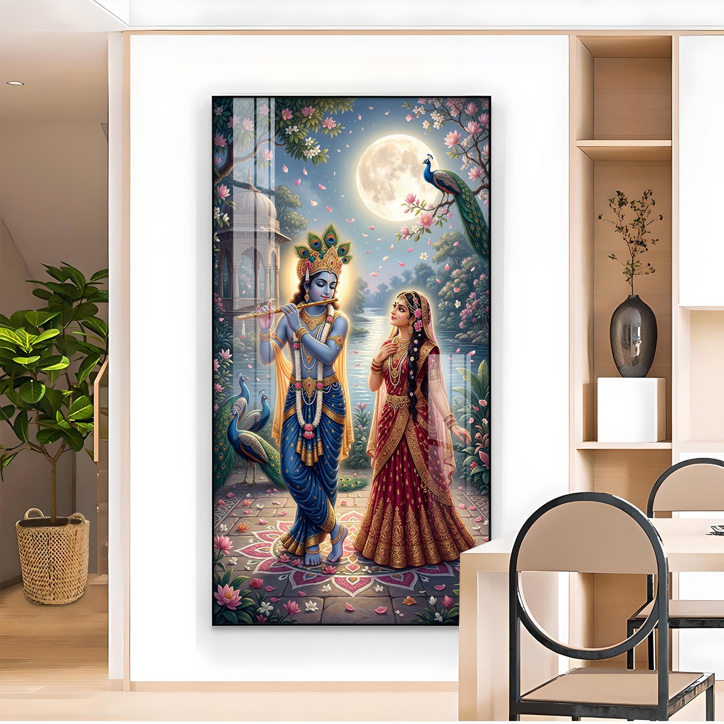 Sri Radha Krishna Glass Finish Vertical Wall Art