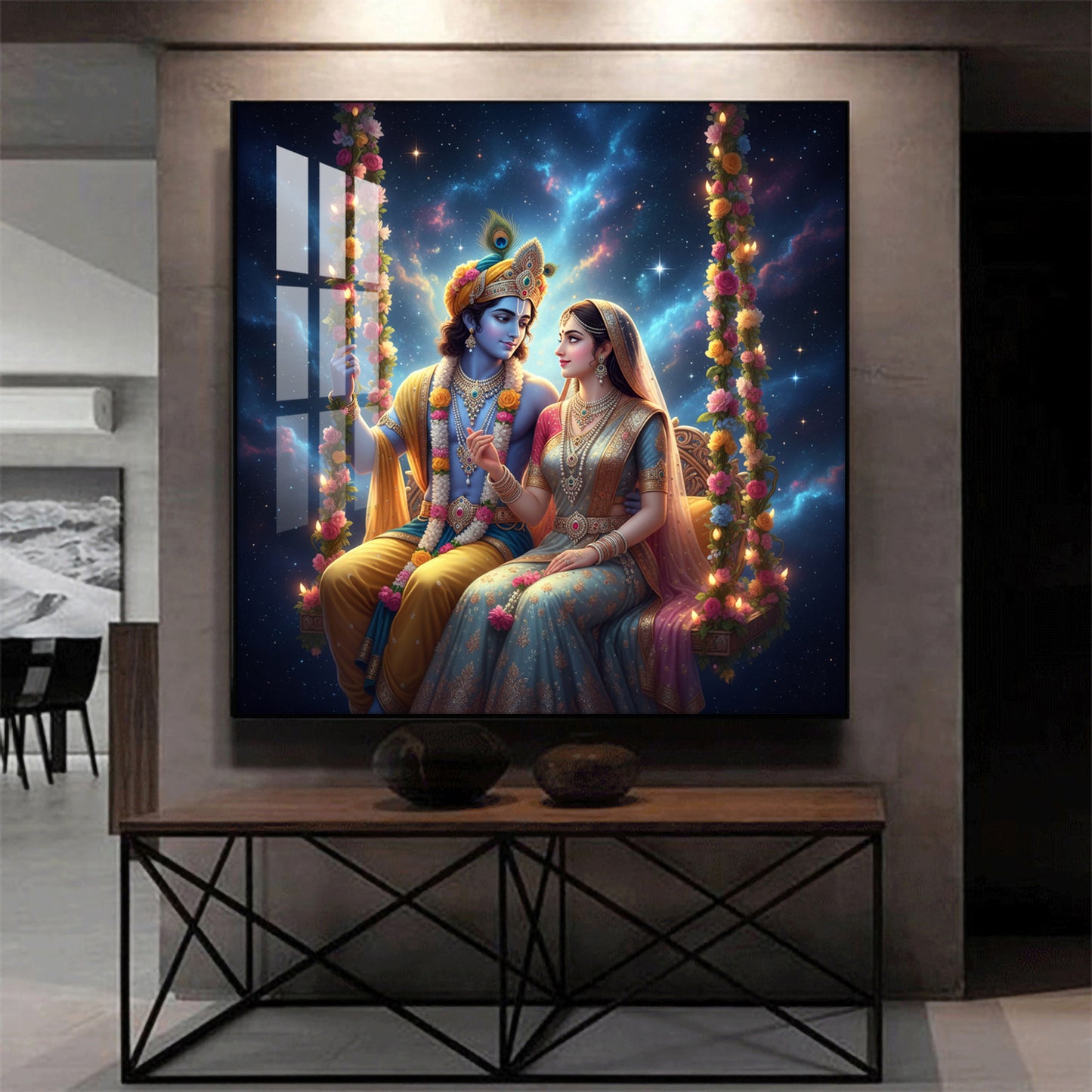 God Radha Krishna Glass Finish Square Wall Art