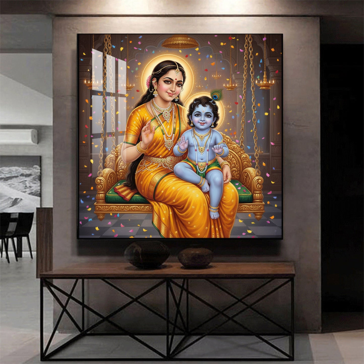Little Kanha With Yashoda Maa Glass Finish Square Wall Art