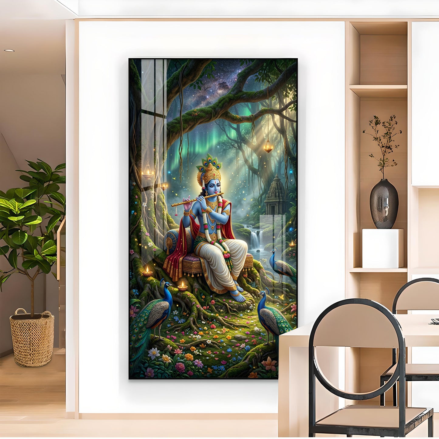 Shree Krishna With Flute Glass Finish Vertical Wall Art
