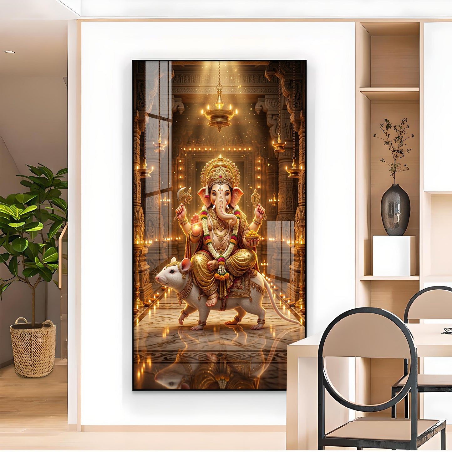 Ganesh Ji With Mushak Glass Finish Vertical Wall Art