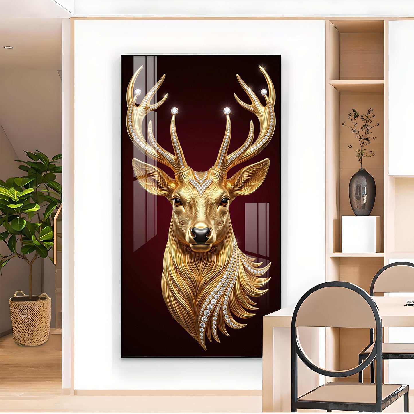 Golden Deer Head Glass Finish Vertical Wall Art