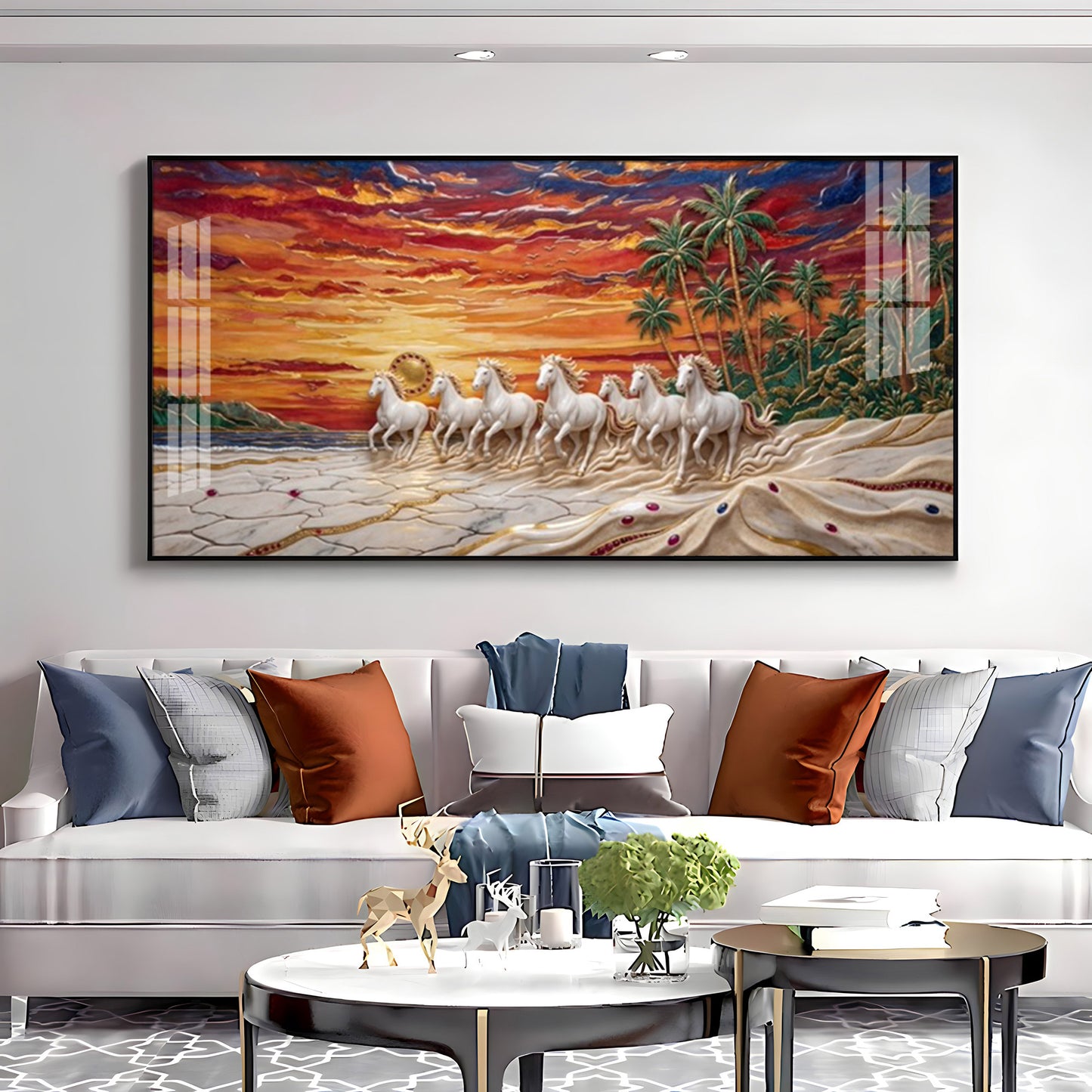 Seven Horses Vastu Glass Finish Horizontal Wall Art