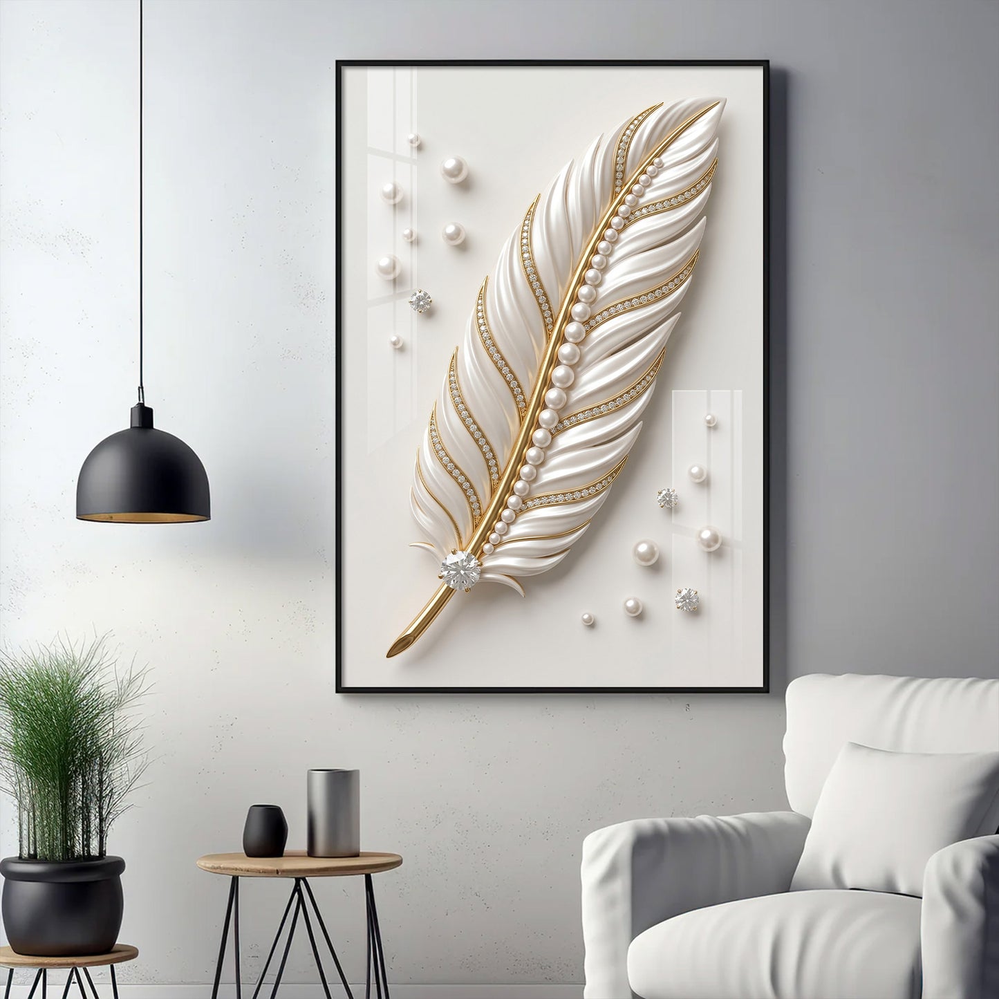 White & Gold Finish Feather Glass Finish Vertical Wall Art