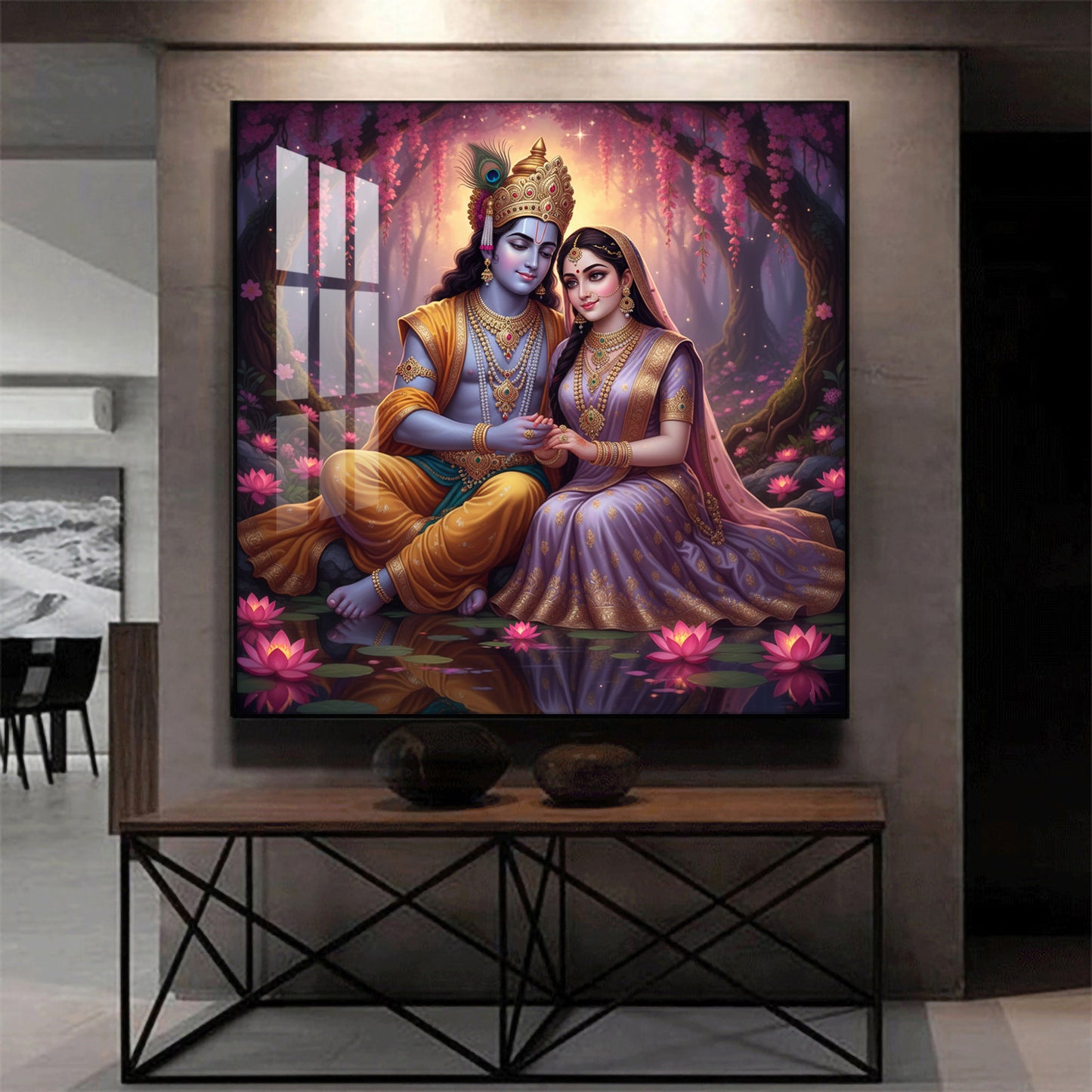 Loving Beautiful Radha Krishna Glass Finish Square Wall Art