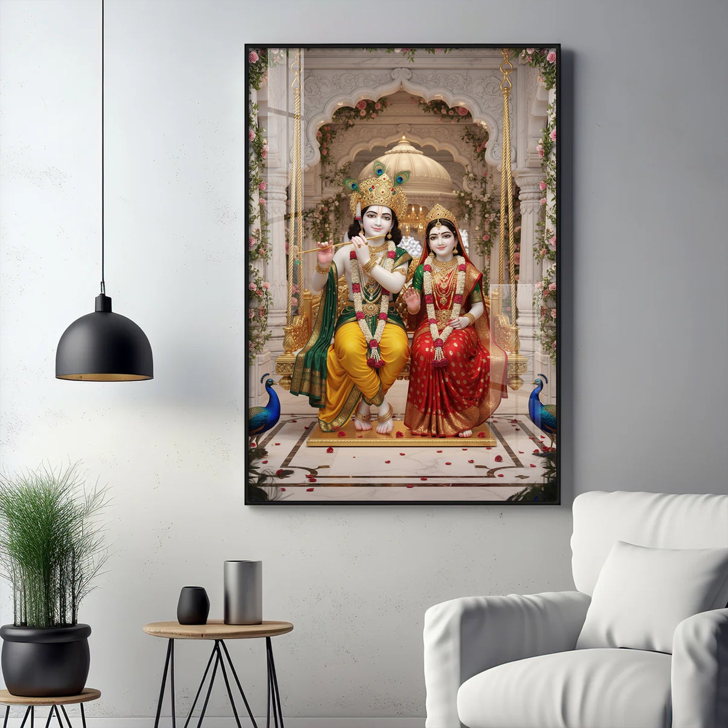 Hindu Deities Radha & Krishna Sitting Together Glass Finish Vertical Wall Art