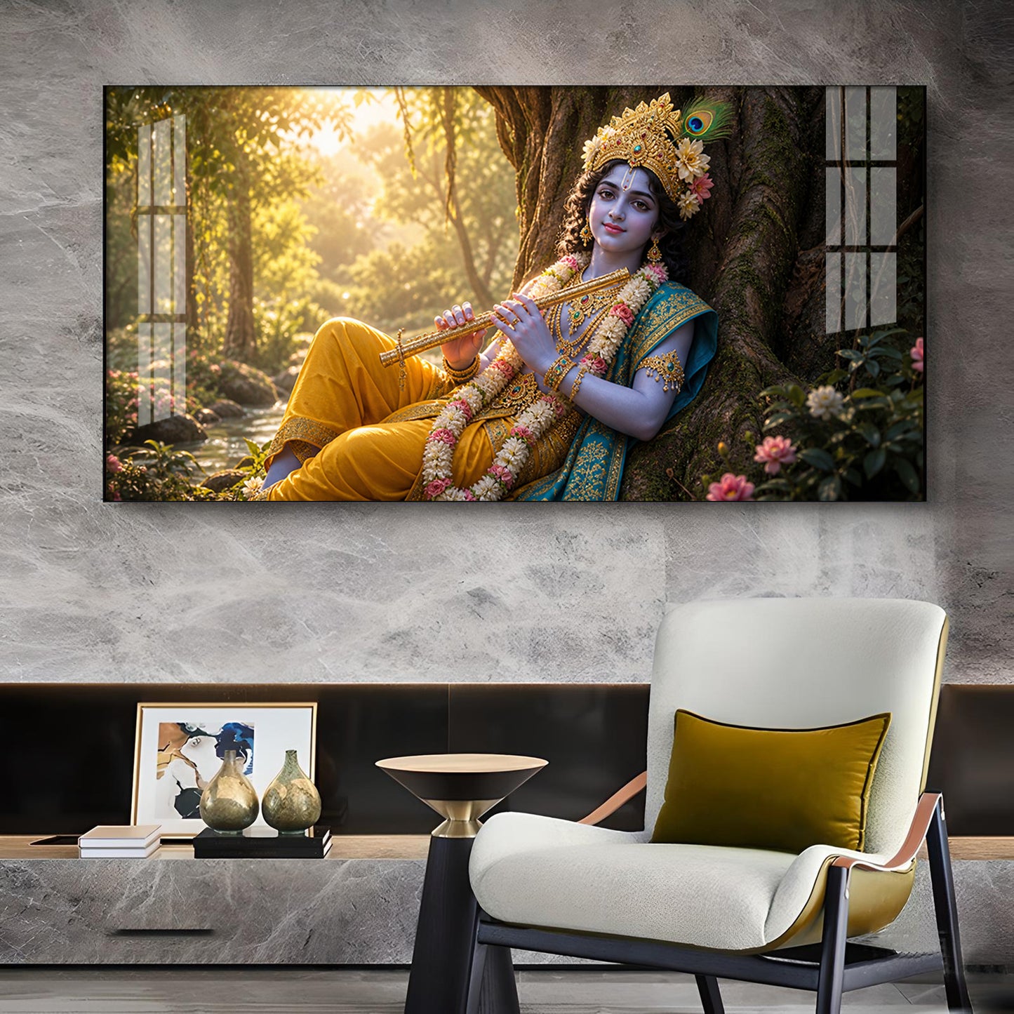 Lord Krishna Glass Finish Horizontal Wall Art