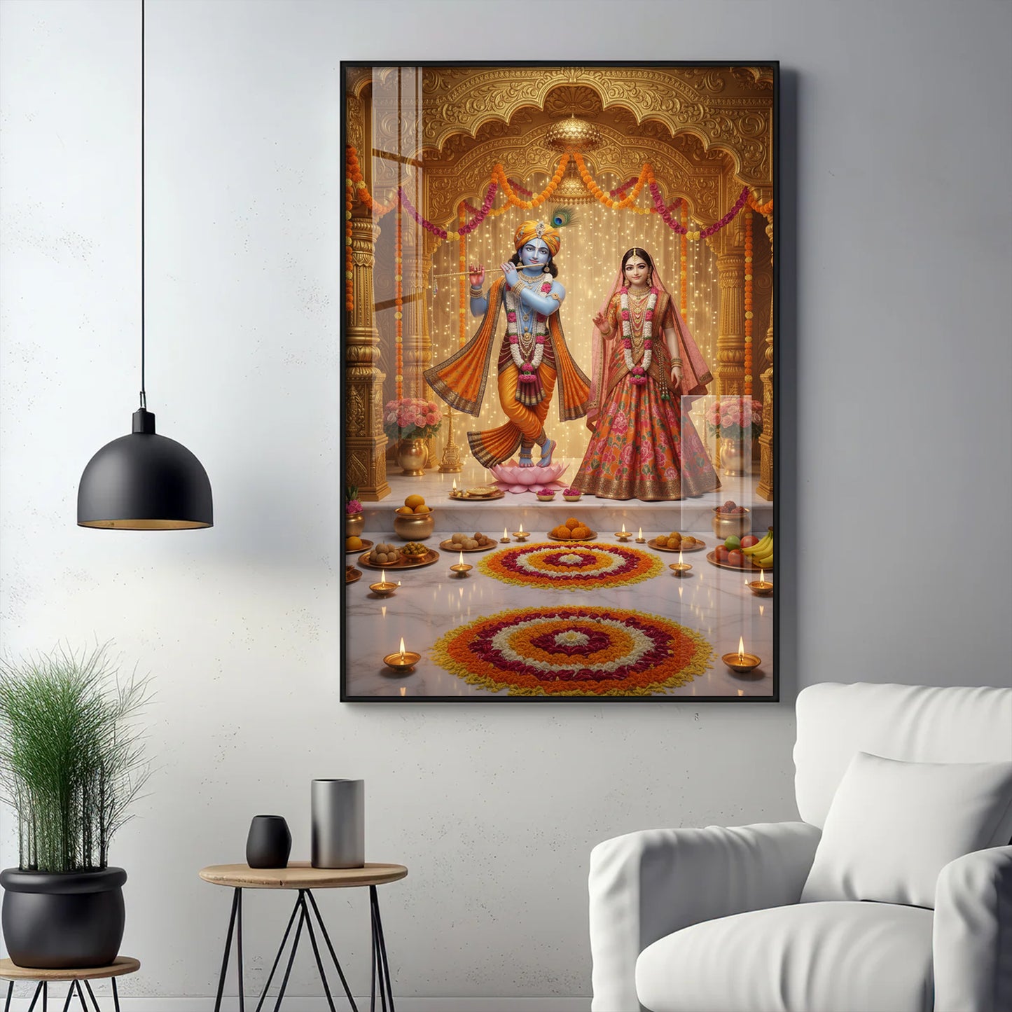 Spiritual Serenity Radha Love Krishna Glass Finish Vertical Wall Art