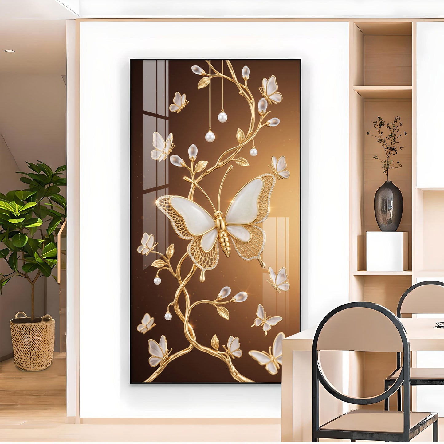 Golden Vines With White Butterflies Glass Finish Vertical Wall Art