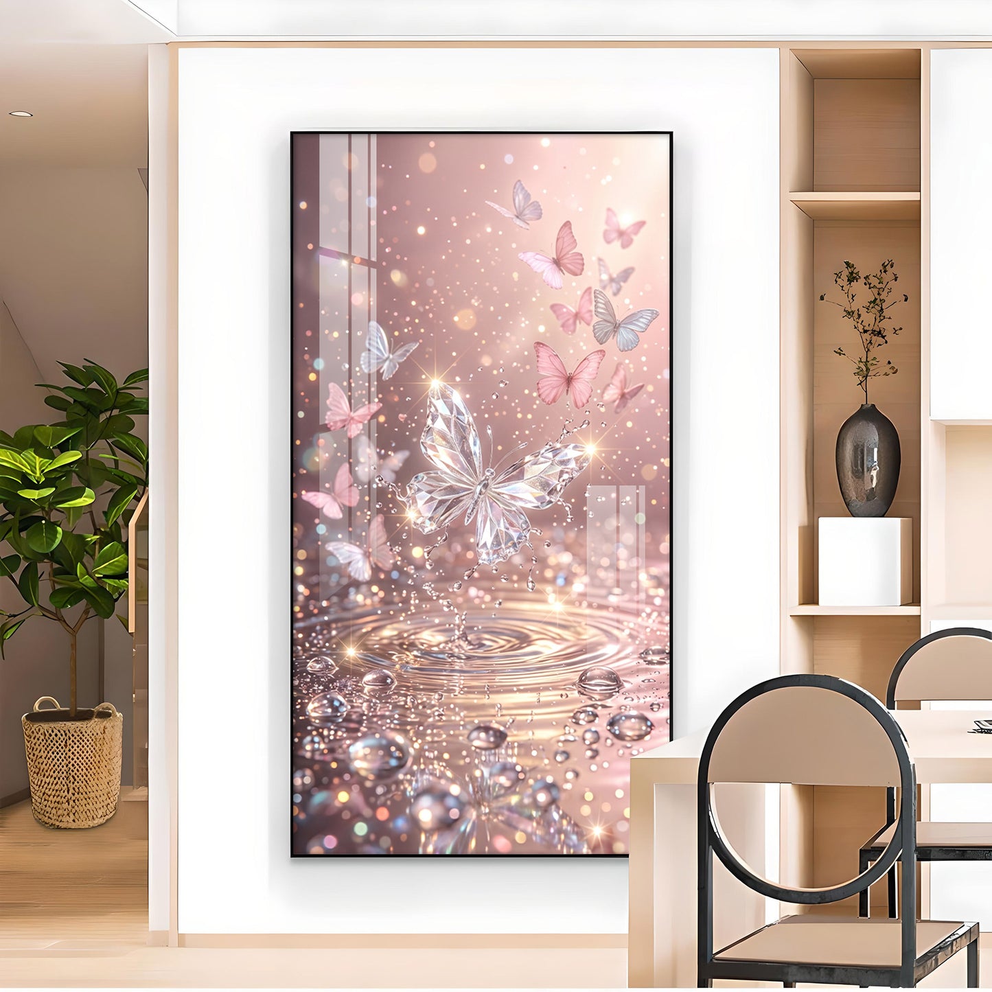 Sparkling Pink Butterfly Glass Finish Vertical Wall Art