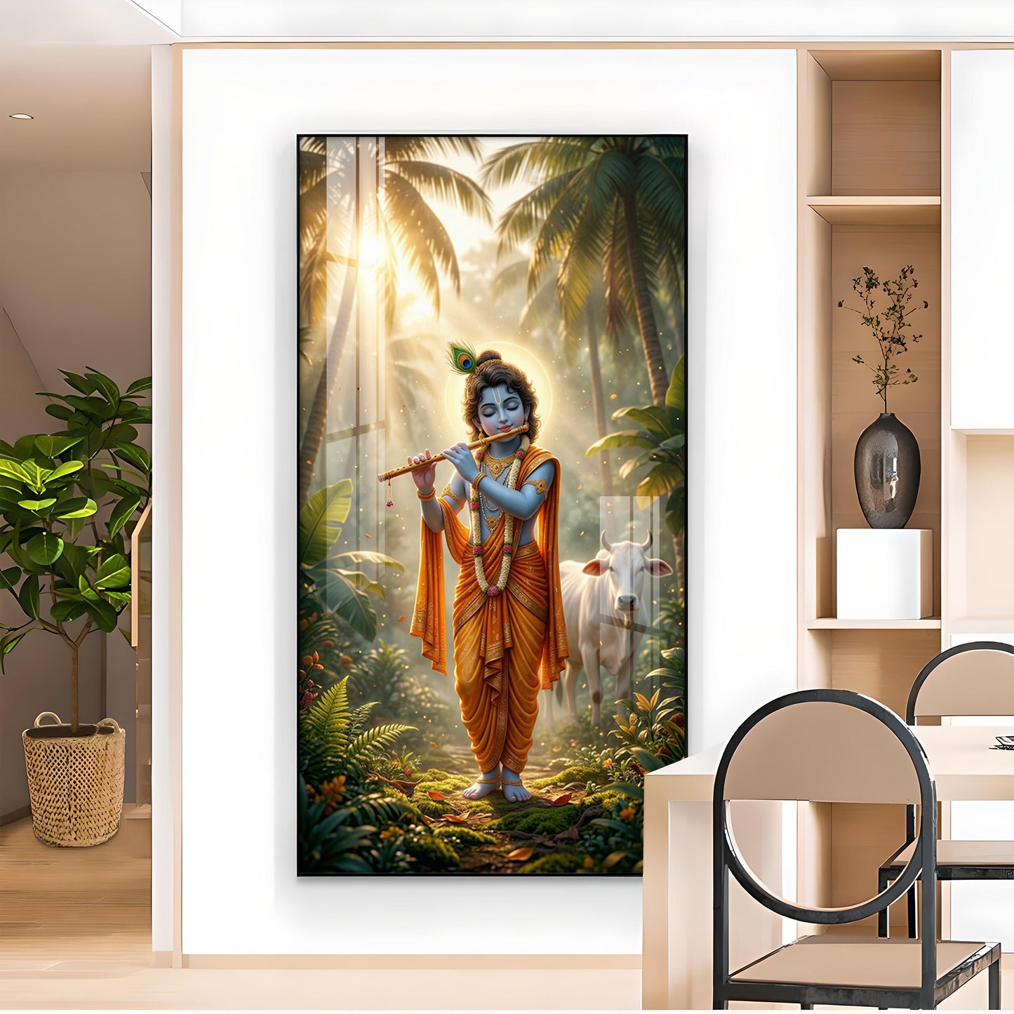 Lord Krishna Ji Playing Flute Glass Finish Vertical Wall Art